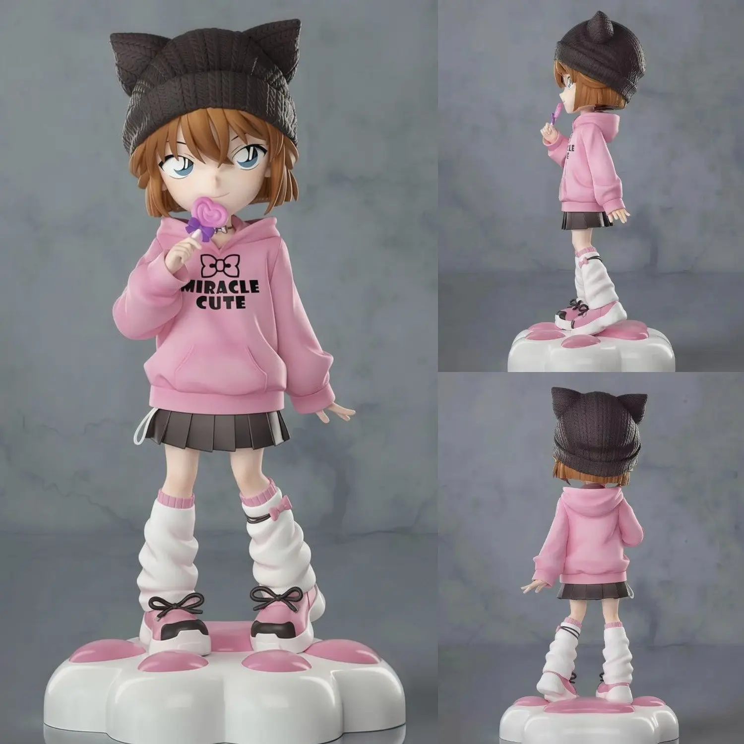 Original Aichi Handmade Figure 17cm/6.69in, Detective Conan Anime PVC Statue, Trendy Girl with Lollipop, Cat Ear Knit Hat & Paw Base, Desktop Collection Gift, Color Box Included
