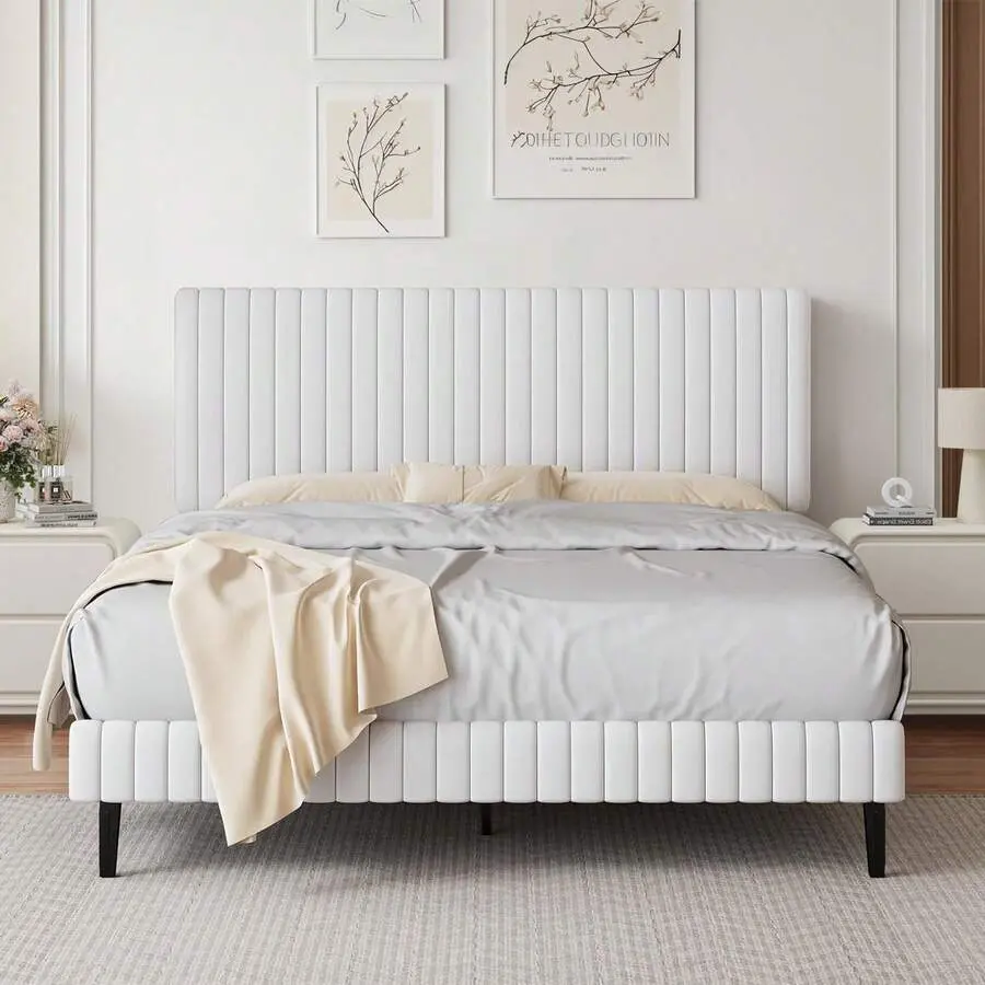 Twin/ Full/ Queen/ King Upholstered Size Bed Frame, Adjustable Velvet Headboard, Modern Bed Frame With Horizontal Channel Design, Twin/ Full/ Queen/ King Bed Frame, Pink/ Green/ Black/ Blue/ White