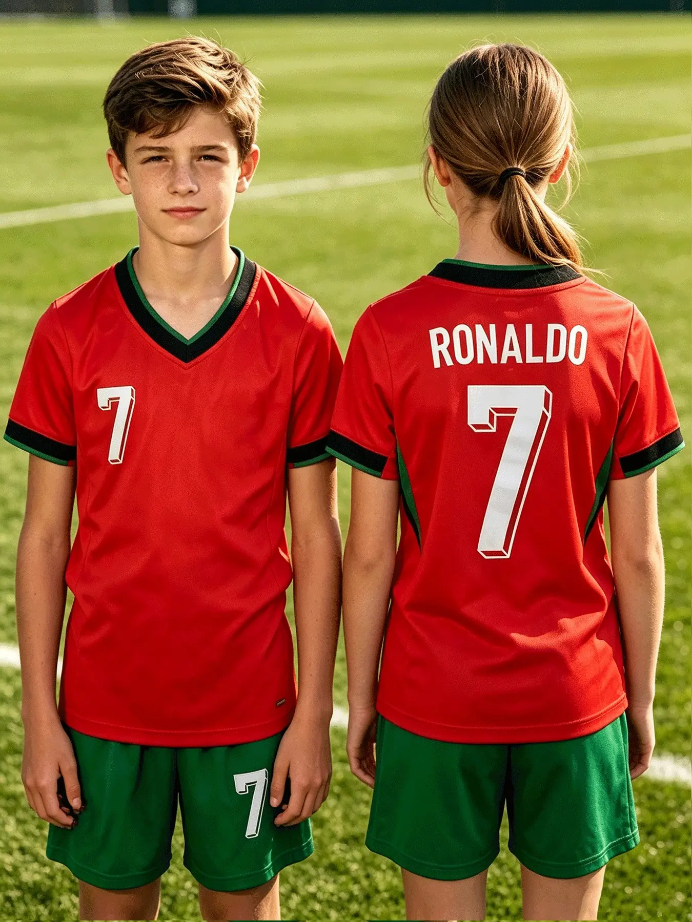 Portugal 7 Ronaldo Kids Soccer Set, Unisex Quick-Dry Short Sleeve and Shorts, Casual Training Jersey Two-Piece Set, Family Fan Gear