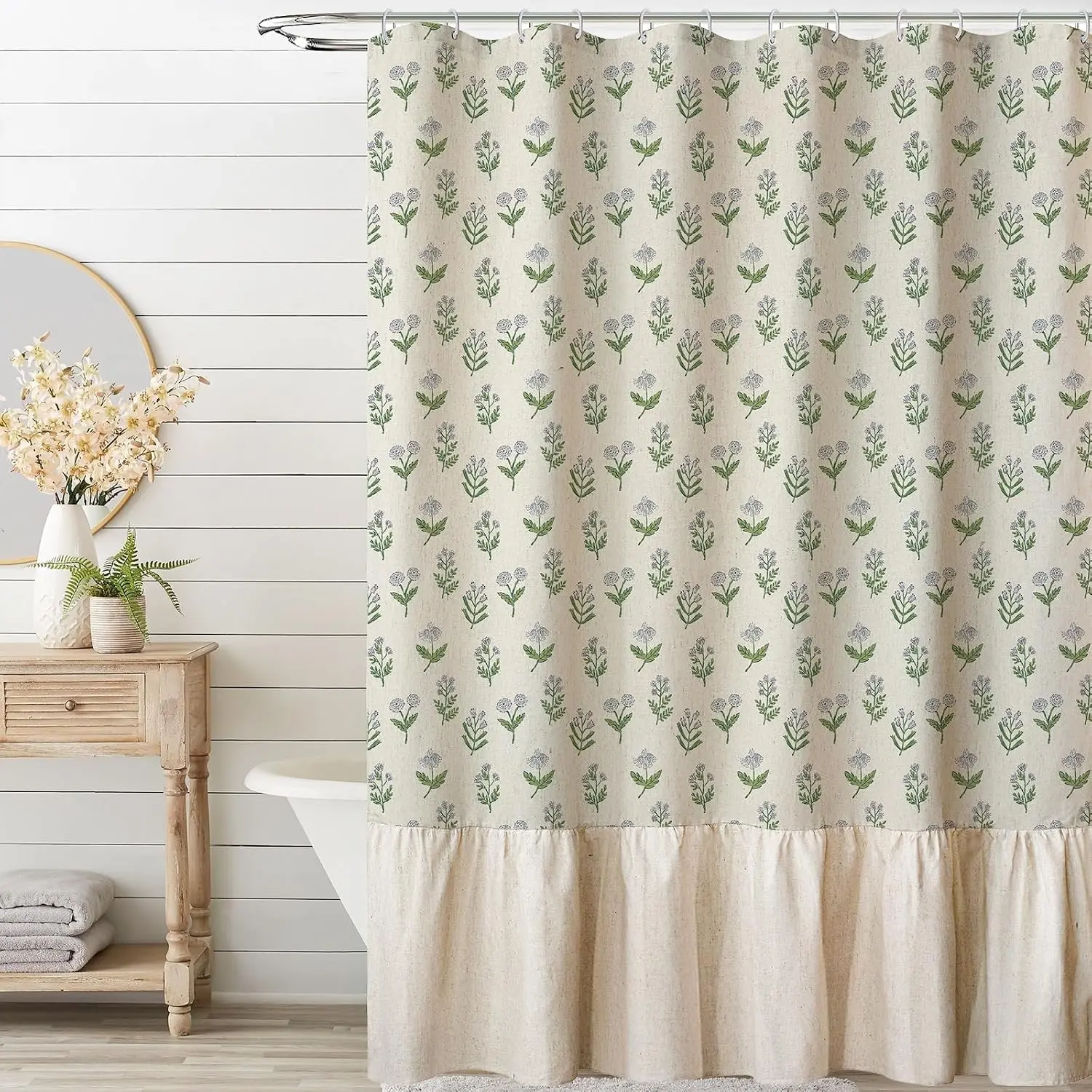Linen Textured Ruffle Shower Curtain, Vintage Floral Block Print in Beige and Green, Boho Cottagecore Farmhouse French Country Bathroom Decor Set, 72x72 InchesGift