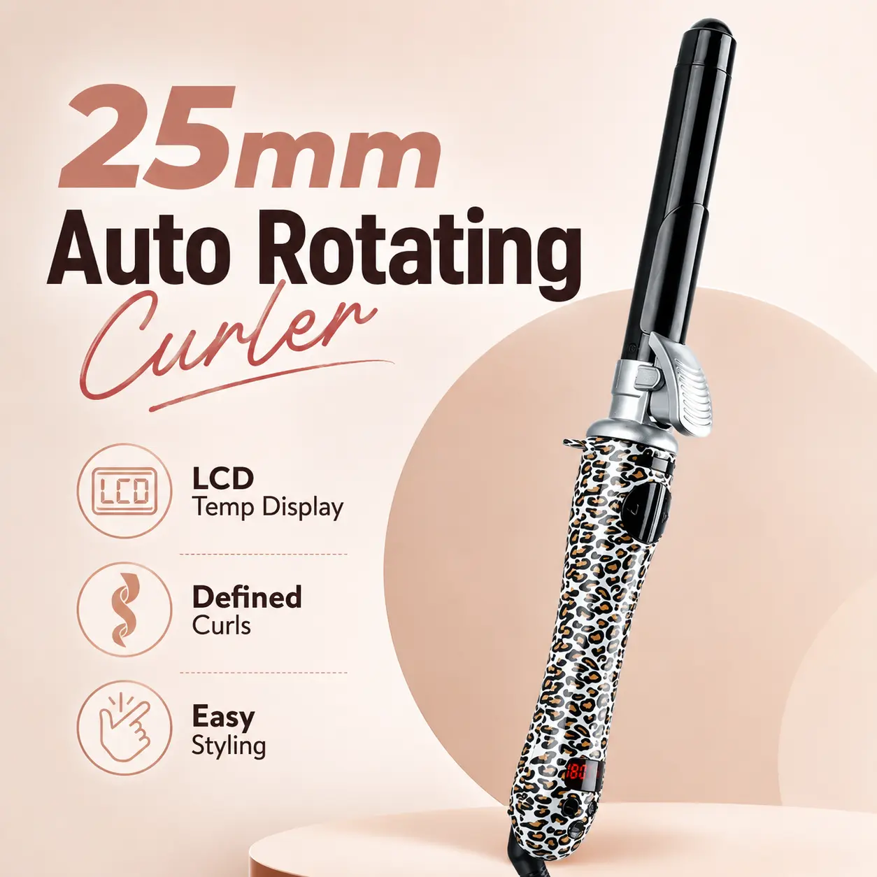 25mm Self-Rotating Electric Hair Curler with LCD Temperature Display, Automatic Curling Wand for Defined Curls, Soft Waves and Long-Lasting Styling, Easy-to-Use Hair Tool for Home and Salon Use