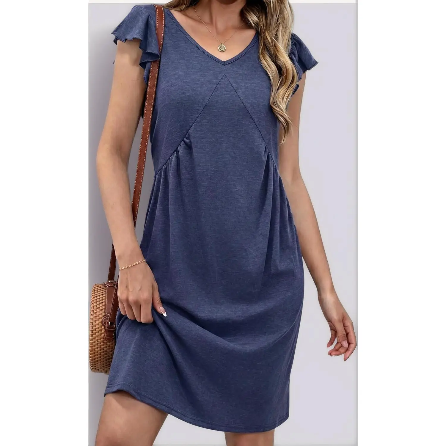 Women's Petite Loose-Fit Deep V-Neck Ruffle Sleeve Midi Cut Sundress, 2026 Summer Beach Casual Wear Clothes (Sizes XS-XL)