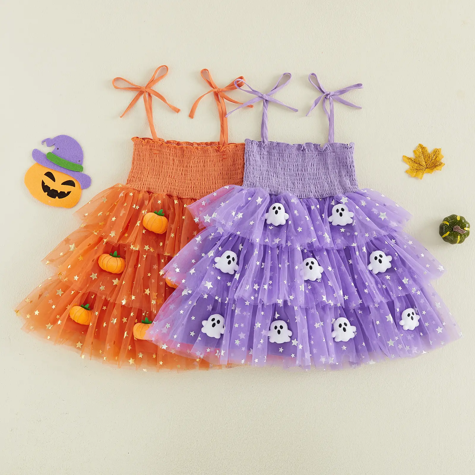 Toddler Baby Girls Halloween Dress Pumpkin/Ghost Decor Star Shoulder Tie Sleeveless Dress Kids Princess Party Layered Tulle Dress Costume