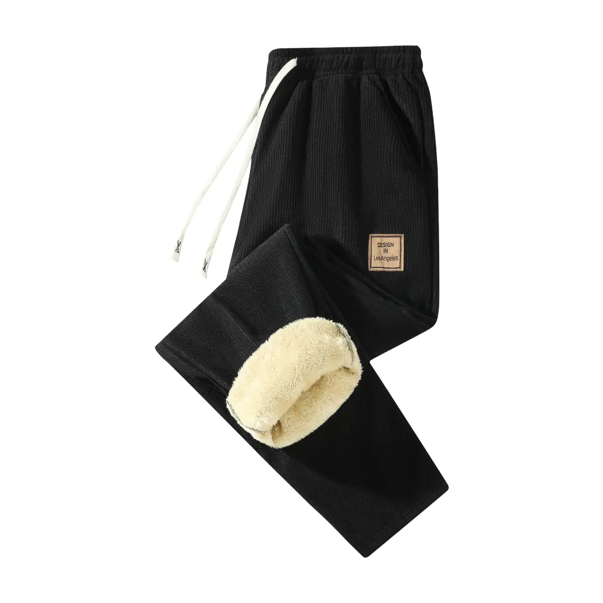 Men Winter Thick Fleece Lined Corduroy Sweatpants, Vertical Striped Waffle Cord Drawstring Straight Casual Pants, Warm Lamb Sherpa Lined Trousers With Label Patch & Side Pockets, Thermal Loose Jogger Pants For Cold Weather Daily Outdoor Outfits