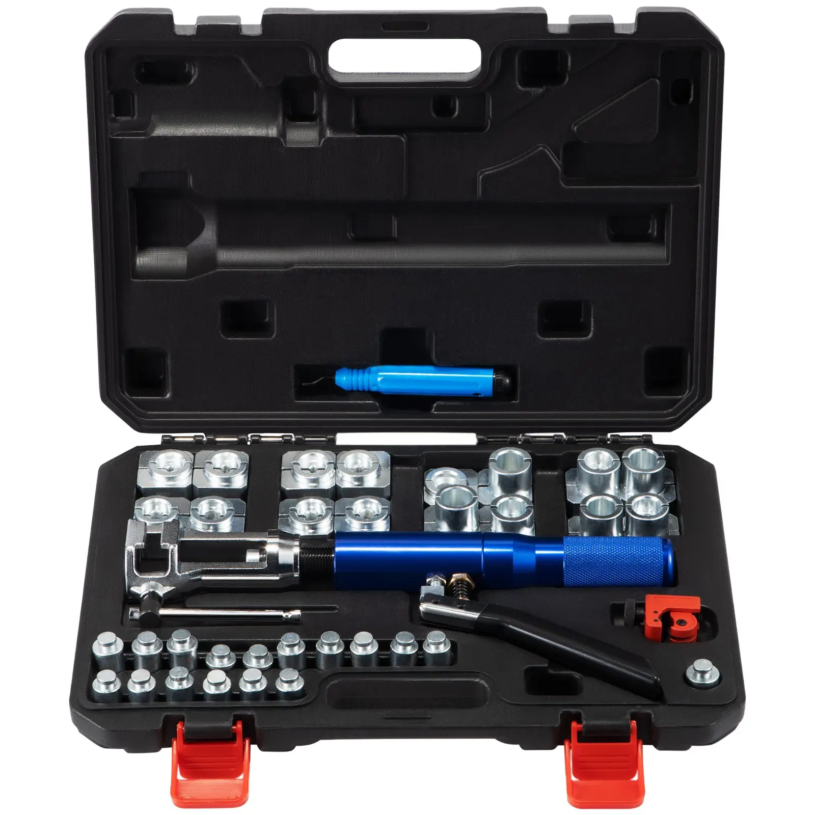 VEVOR Hardened Steel Hydraulic Flaring Full Kit 72485-prc, 45° Double Flaring Device with Hydraulic Power, 3/16"-1/2" Inches Brake Repair Set with Tube Cutter & Deburrer, 32 PCS for Copper Lines