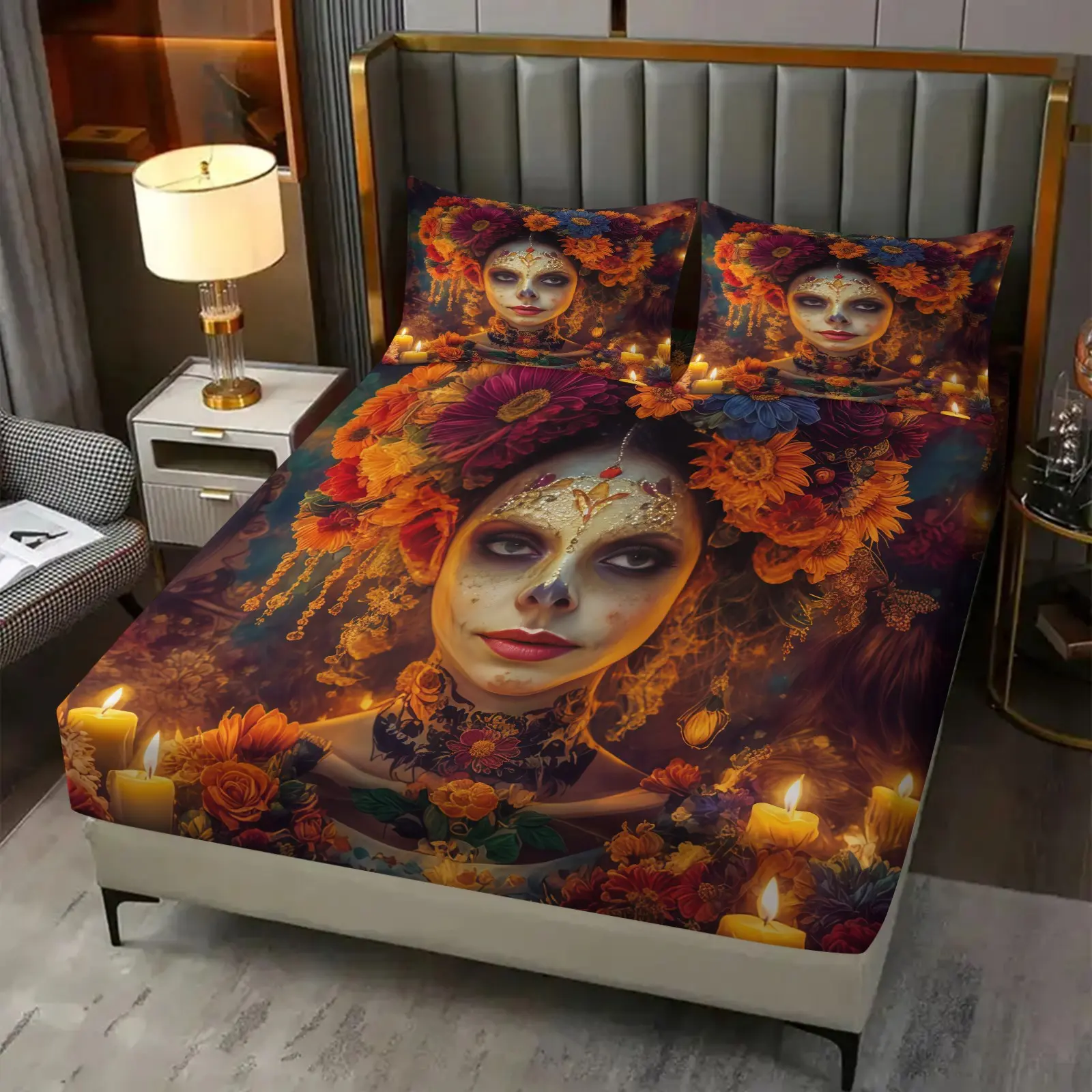 3-Piece Mexican Day Of The Dead Themed Fitted Sheet Set, Soft And Comfortable Bedding Set, Including 1 Sheet And 2 Pillowcases (Pillow Inserts Not Included), Suitable For Teenagers And Adults, Bedroom, Apartment, Dormitory Scene