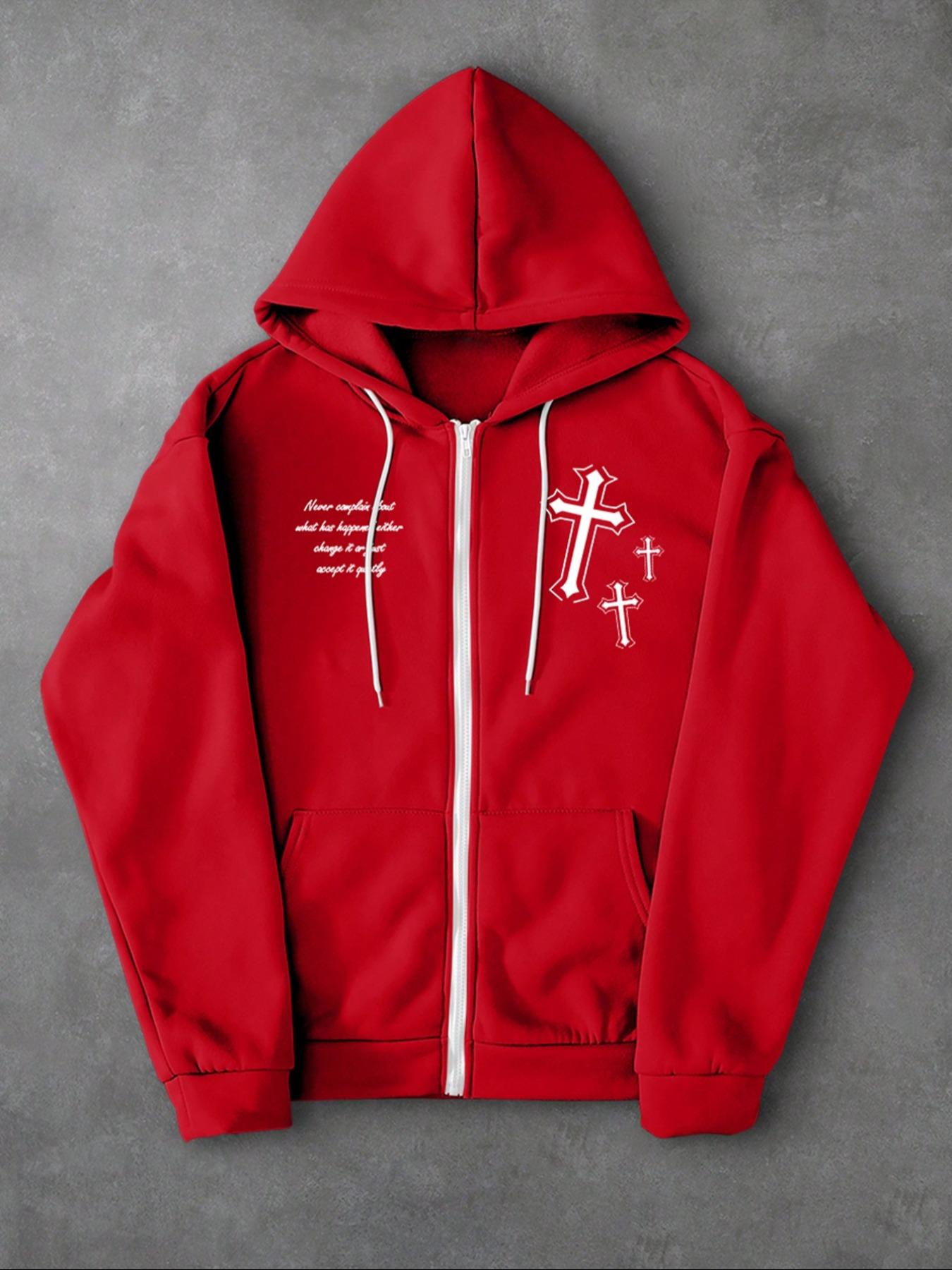 Men's Fleece Lined Zipper Hoodie Jacket, Winter Warm Sports Sweatshirt, Letter & Cross Print Long Sleeve Hooded Top for Outdoor Wear