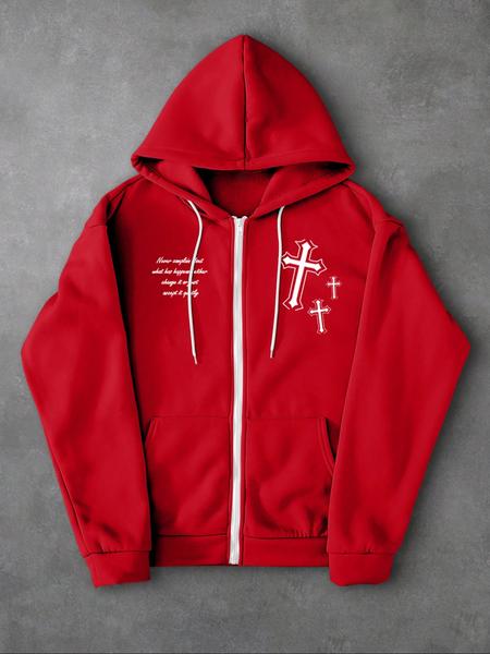 Men's Fleece Lined Zipper Hoodie Jacket, Winter Warm Sports Sweatshirt, Letter & Cross Print Long Sleeve Hooded Top for Outdoor Wear