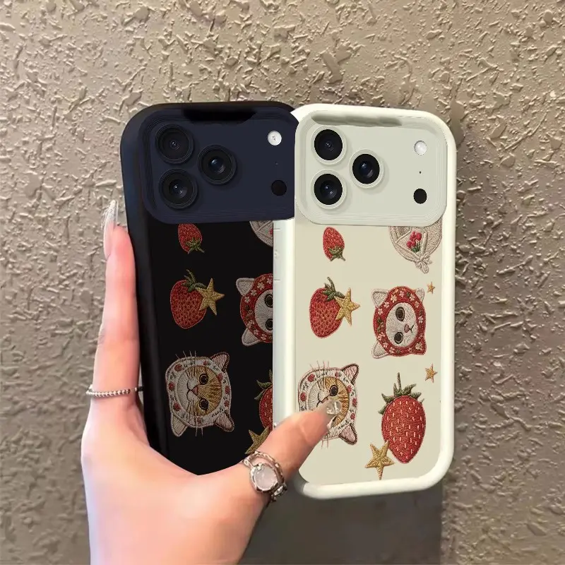 Phone case for iphone 17PROMAX 17PRO Embroidered Strawberry & Kitten Patches Celestial Eye Layered Phone Case soft silicone Gift Shockproof TPU ROOJTNRPC