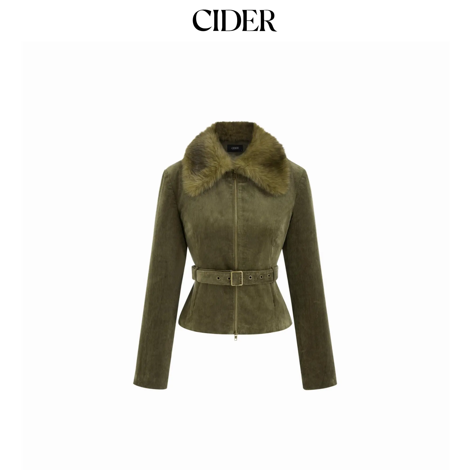 Cider Corduroy Faux Fur Trim Collar Jacket With Belt