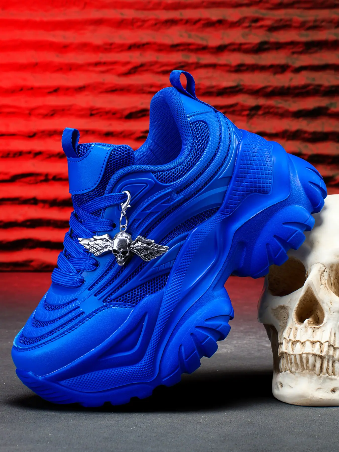 Women's Thick Sole 7cm Blue Sports Shoes, Eva Lightweight Comfortable Fashion Dad Sneakers, Detachable Angel Skull Charm, All Season Outdoor Use