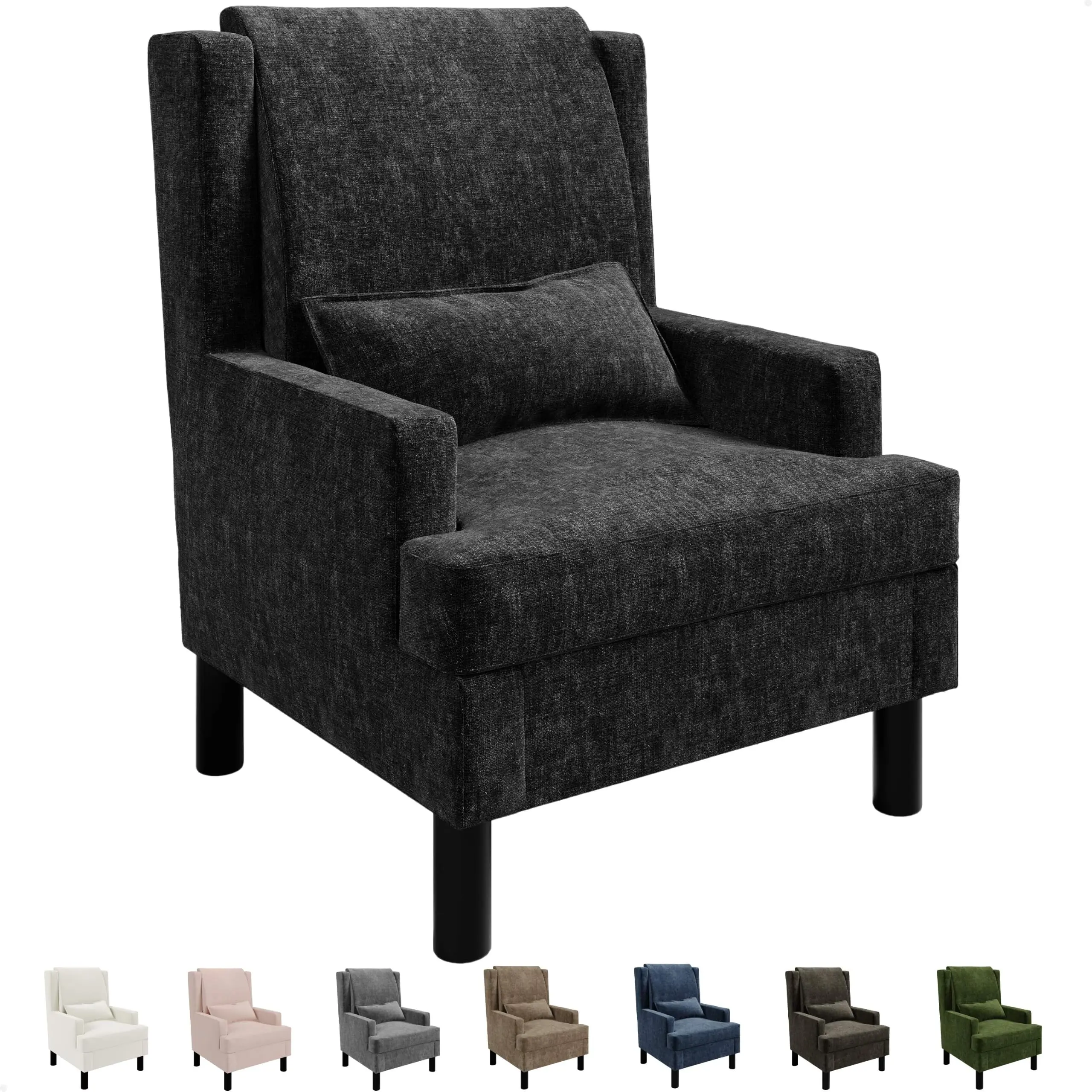 Mid-Century Modern Wingback Accent Chair, Chenille Upholstered Reading Armchair - High Back - Soft Pillow - Sturdy Wood Legs - Single Lounge Chair for Living Room Bedroom Small Spaces