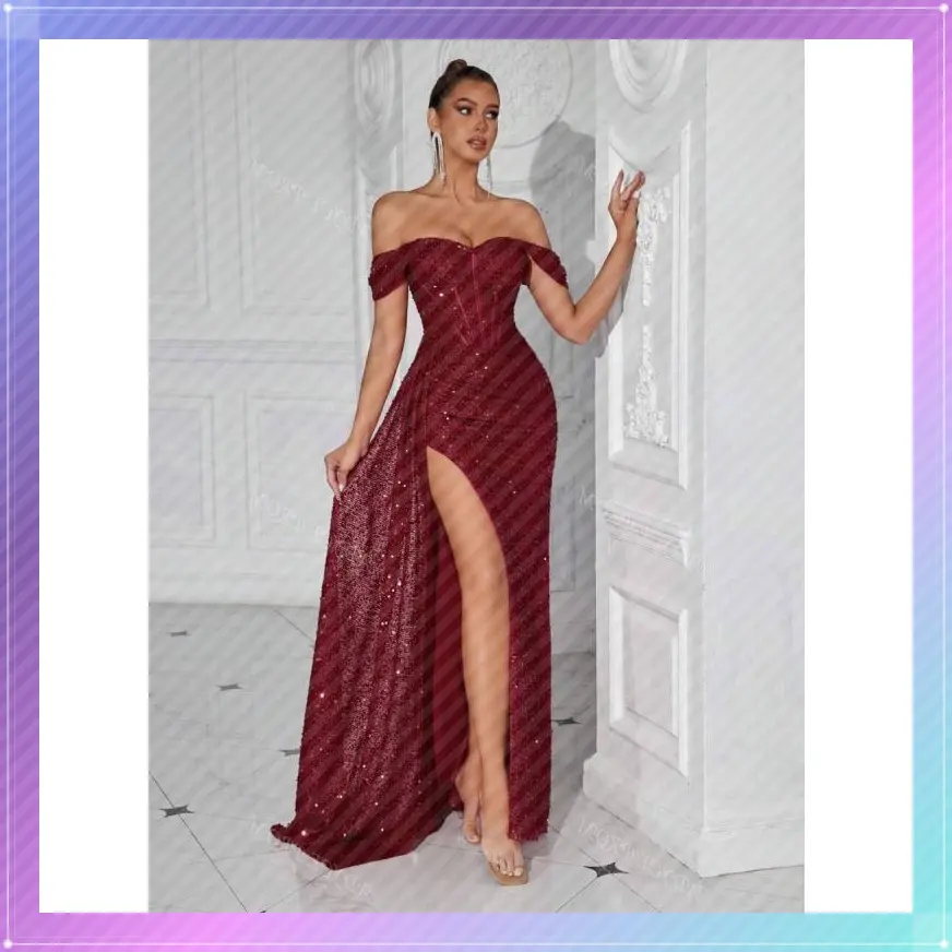 SequinSweetheartNecklinePleatedWaistLongSashTieFrontSlitOpenBackCocktailPartyDress,ElegantFormalEveningPromGown,ForWeddingGuest,Graduation,DinnerNewYearEve Chic Womenswear Burgundy Basic