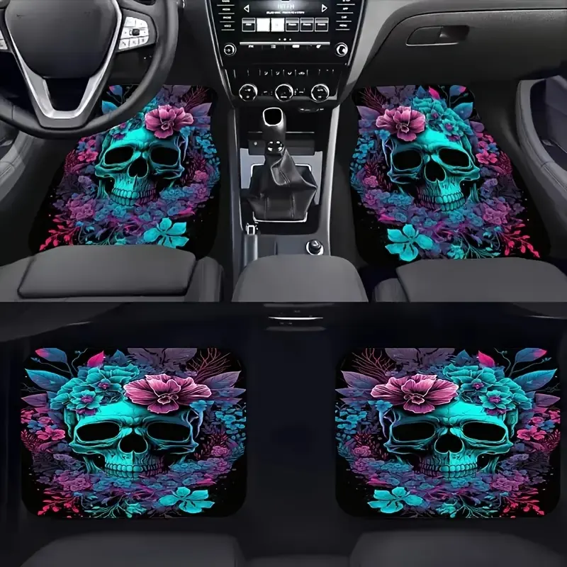 4‑Piece Universal Car Floor Mats, Gothic Teal Purple Floral Skull Pattern Auto Floor Carpets, Waterproof Anti‑Slip All‑Weather Car Foot Pads for Most Sedan SUV Truck, Edgy Aesthetic Car Interior Decor Accessories