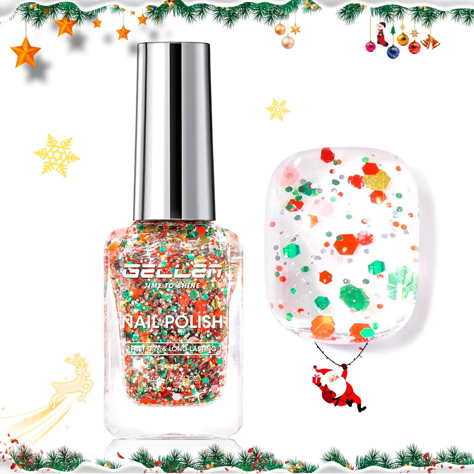 Gellen Glitter Nail Polish 15ml, Quick Dry Gold & Silver Sparkle Nail Polish, Shimmer Nail Lacquer for DIY Nail Art, Manicure & Party Looks