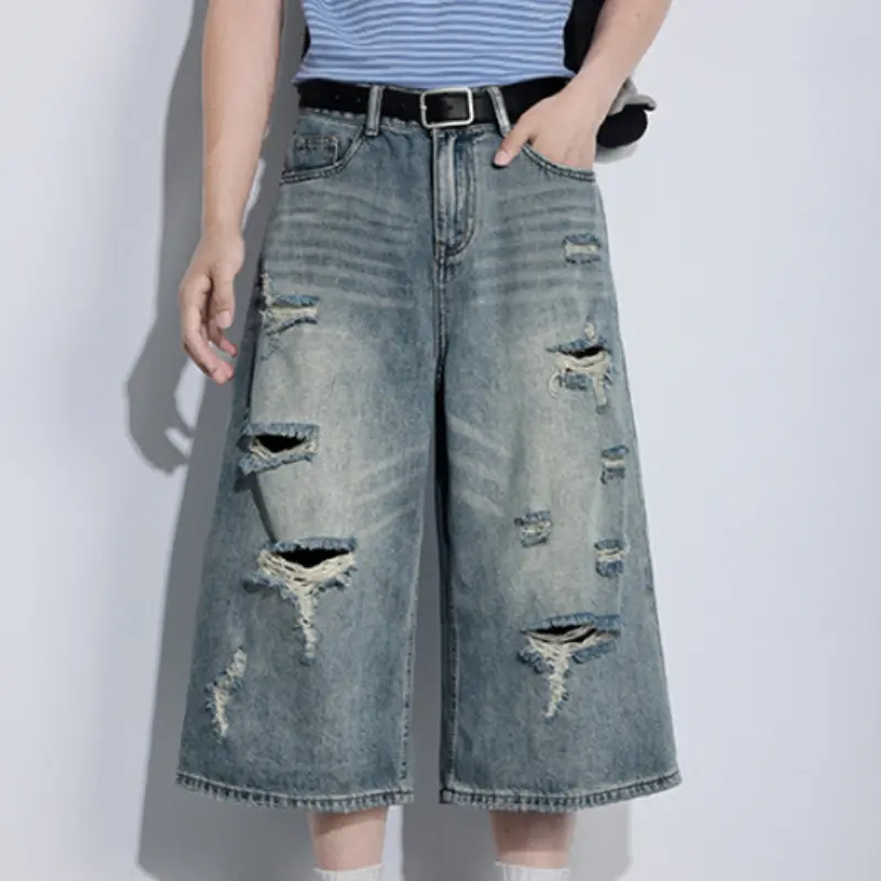 Men's High-Waist Recycled Blend Retro Denim Capri Shorts - Button-Zipper Fly, Belt Loops, Vintage Washed, Multi-Distressed Ripped Frayed Holes, Oversized Wide Mid-Calf Cut, Retro Casual Buttons Menswear Bottoms