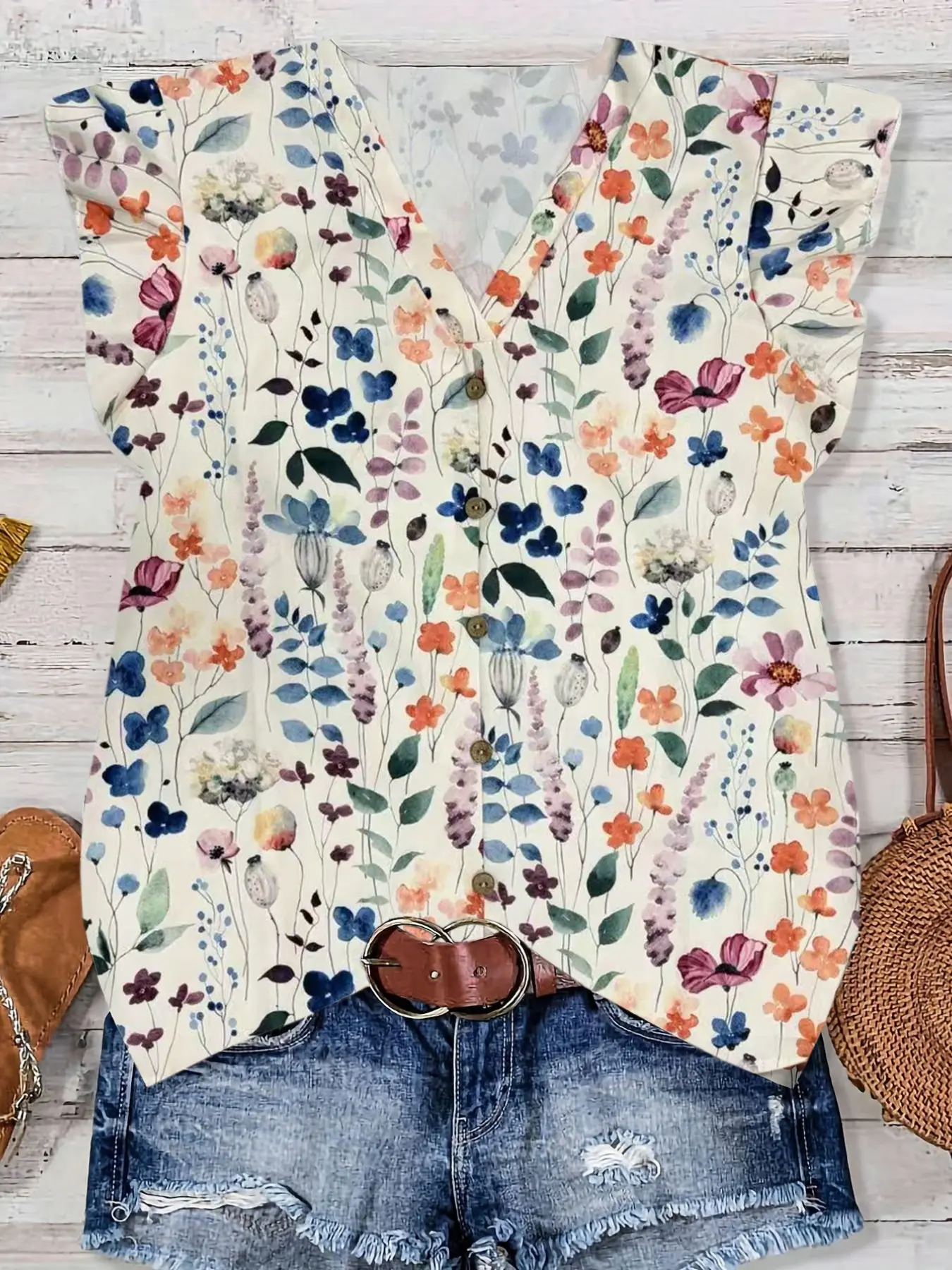 Women's French Floral Print V-Neck Ruffle Short Sleeve Shirt, Summer Loose Fit Slimming Fresh Feminine Top, Casual Fashionable Ladies' Blouse, Short Sleeve Tops, Ruffled