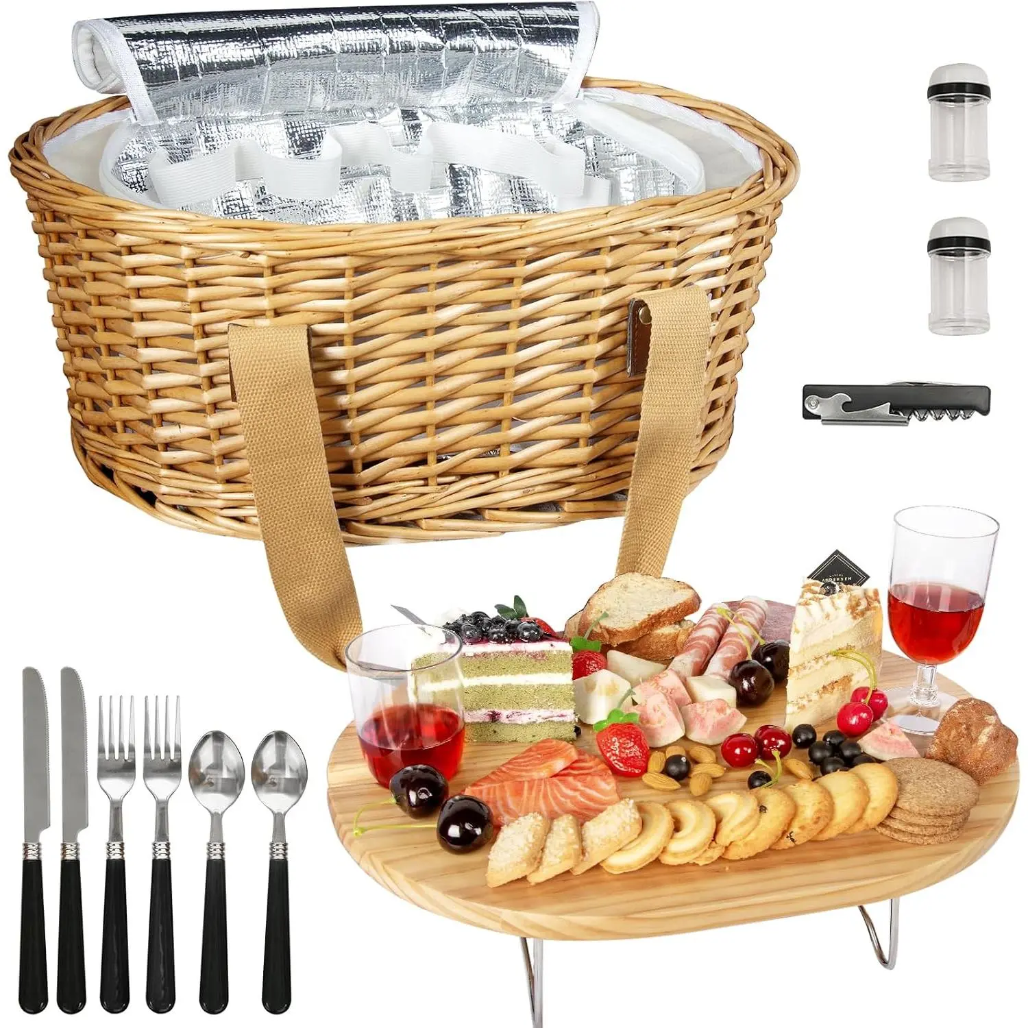 Wicker Picnic Basket Set for 2 with Mini Folding Wine Picnic Table & Large Insulated Cooler Bag & Cutlery Service Kits for 2 Person, Couples Gifts, Wedding Gifts (Y2209-2-CM)