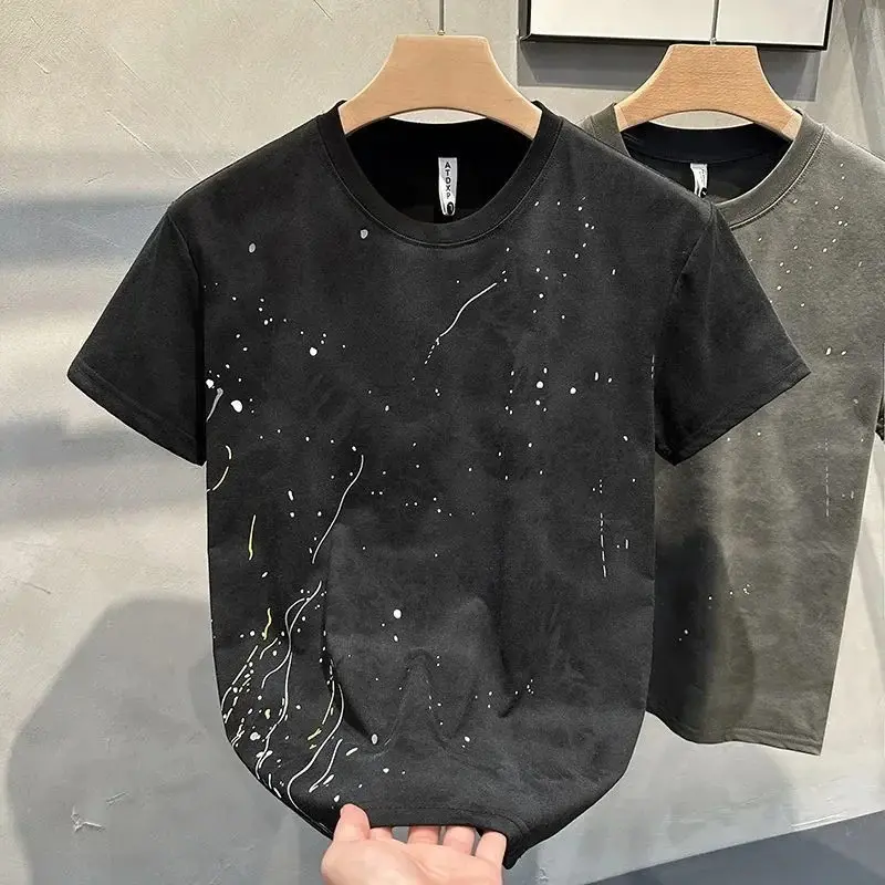 Men Crew Neck Splash Ink Print Short Sleeve T Shirt Vintage Loose Casual Basic