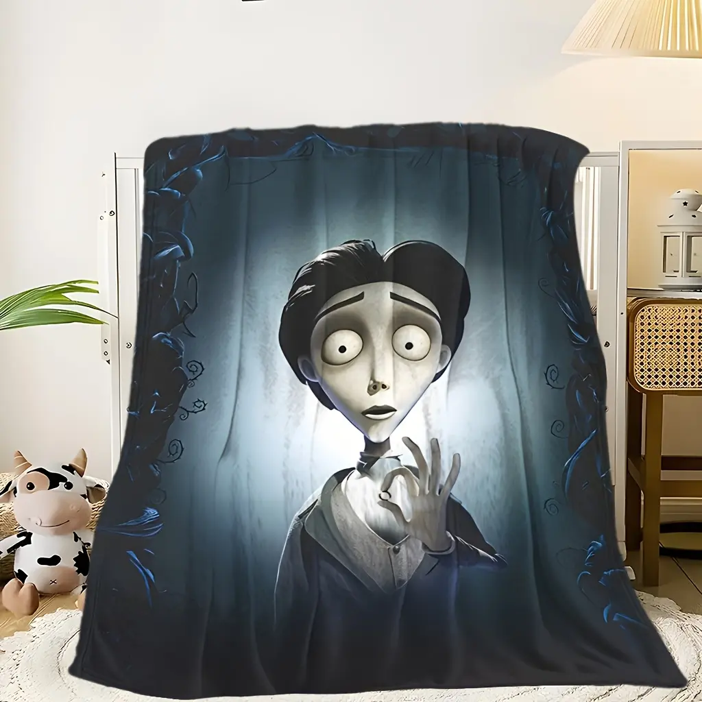 Corpse Bride Victor Character Portrait Flannel Throw Blanket - Twisted Vine Border, Dark Gothic Tone, Soft Fading-Resistant Fabric, Multi-Size, All-Season Room Decor, Indoor Lounge Fandom Gift