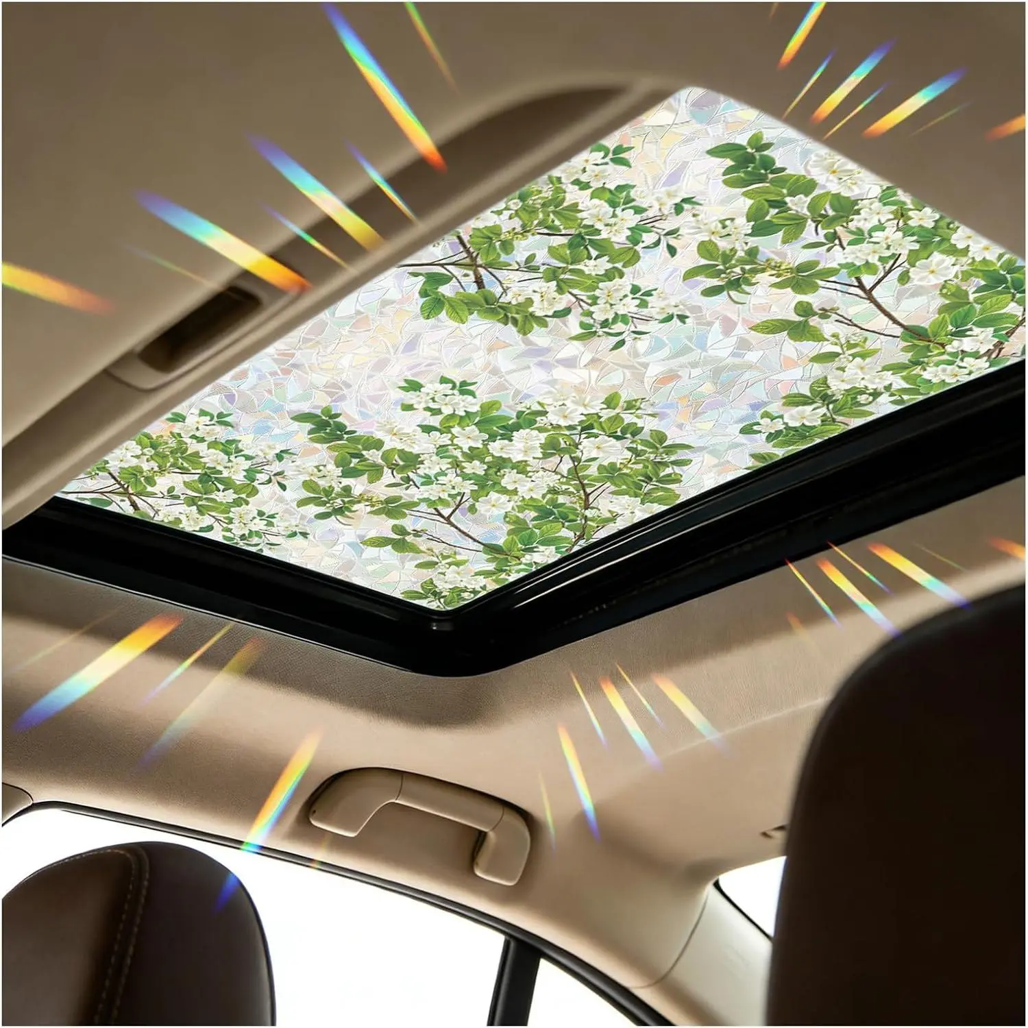 39.37×16.92 in  Sunroof Stained Glass Window Film,Stylish Sunroof Sticker Static Cling  Film Sun Protection,Stained Glass Sunroofs Films  Interior Accessories (Green Flower)