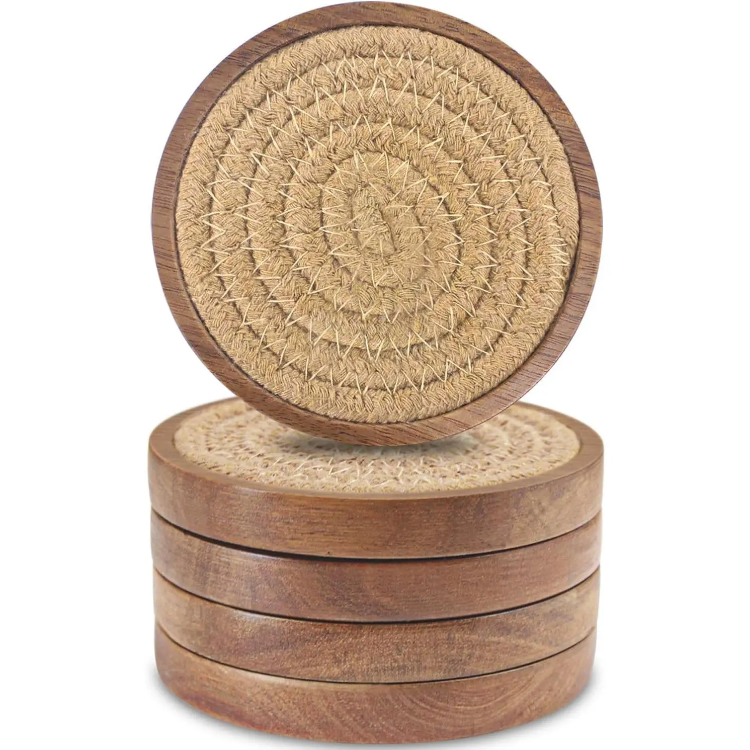 Wood Coasters for Drinks, Absorbent Coaster Sets of 5, Woven Drink Coasters for Coffee Table, Housewarming Gift for Farmhouse Home Decor,4 inches