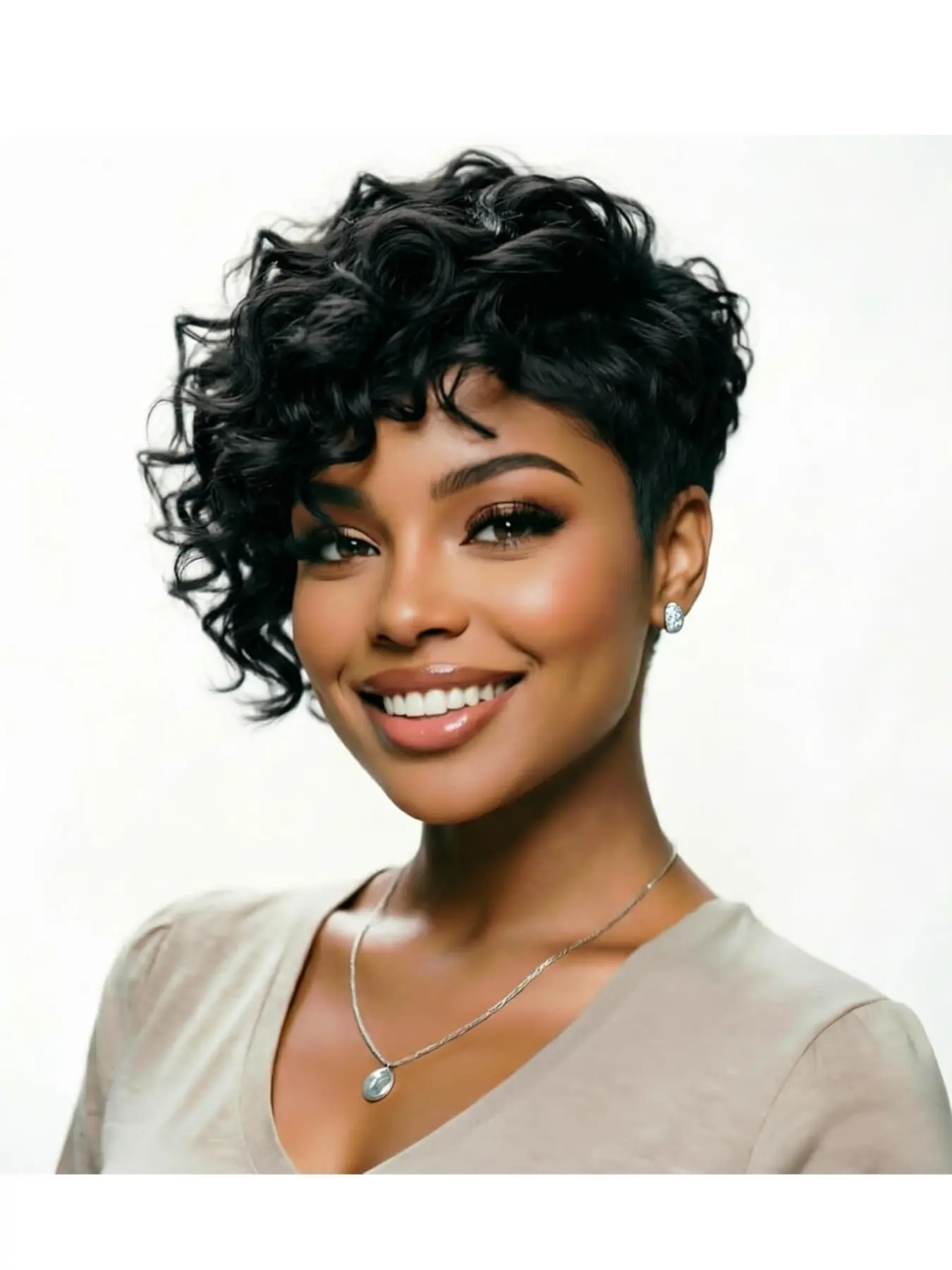 Pixie Cut Wig Human Hair for Black Women with Side Part Bangs Curly Human Hair Wigs Glueless Wear and Go Short Bob Wig Layered None Lace Full Machine Made Wig for Daily Use