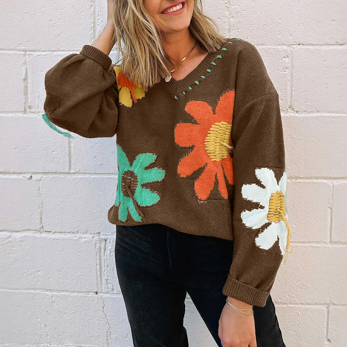 BF Women's Big Flower Pattern V-Neck Drop-Shoulder Knit Pullover Sweater