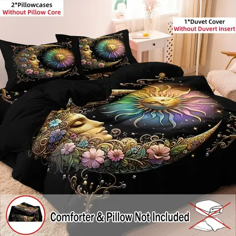 3pcs Celestial Sun Moon Stars Decorative Duvet Cover Set, Colorful Petals High-Definition Printed Bedding Set For Home Dorm Decor,(Includes 1 Duvet Cover And 2 Pillowcases,No Inserts), Cosmic Space Themed Bedroom Accessories,Ramadan Decoration