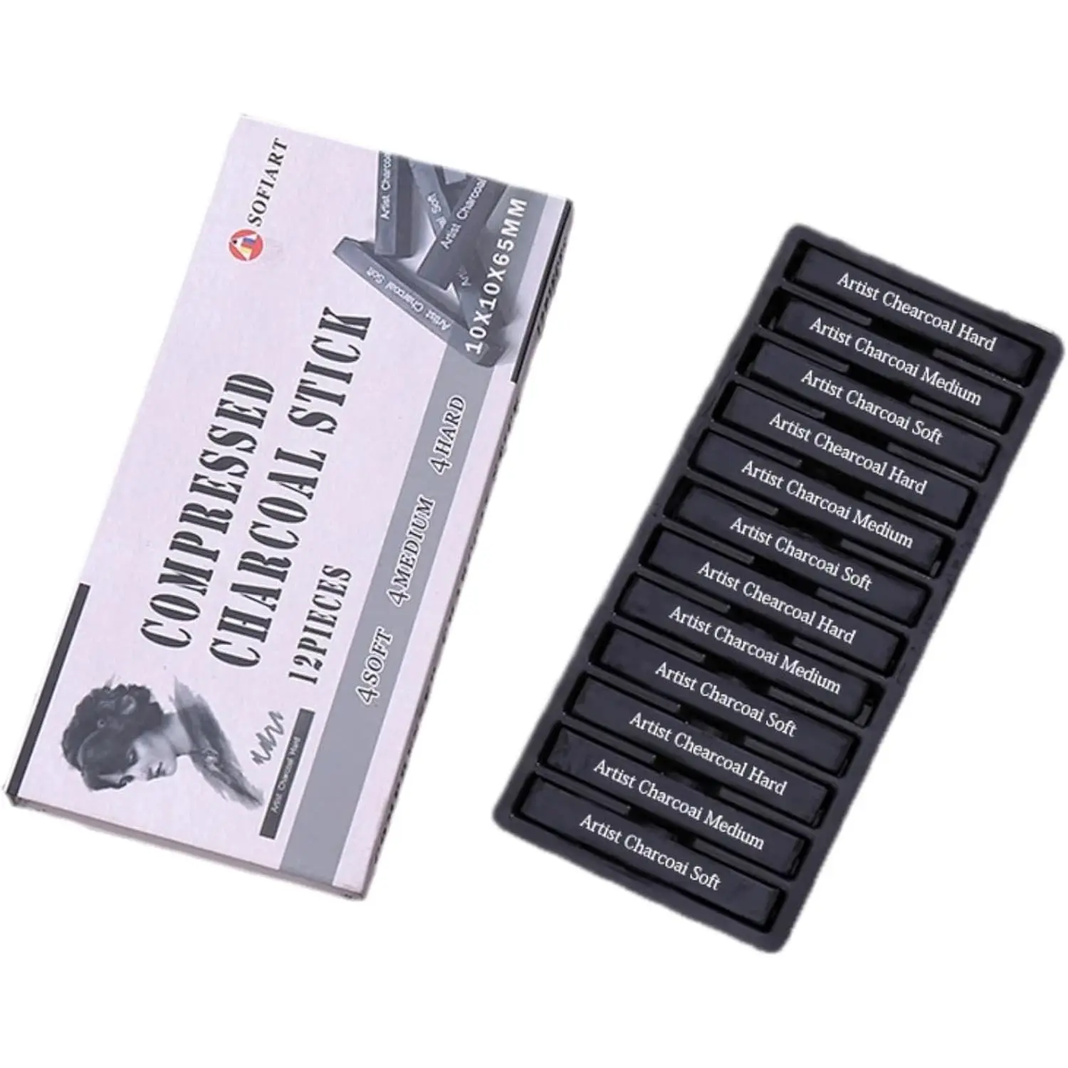 Compressed Charcoal Sticks, 12 Pieces (Soft, Medium, Hard) Square Vine Charcoal Sticks for Drawing, Sketching, Shading, Charcoal Drawing Set for Beginners & Pro Artists