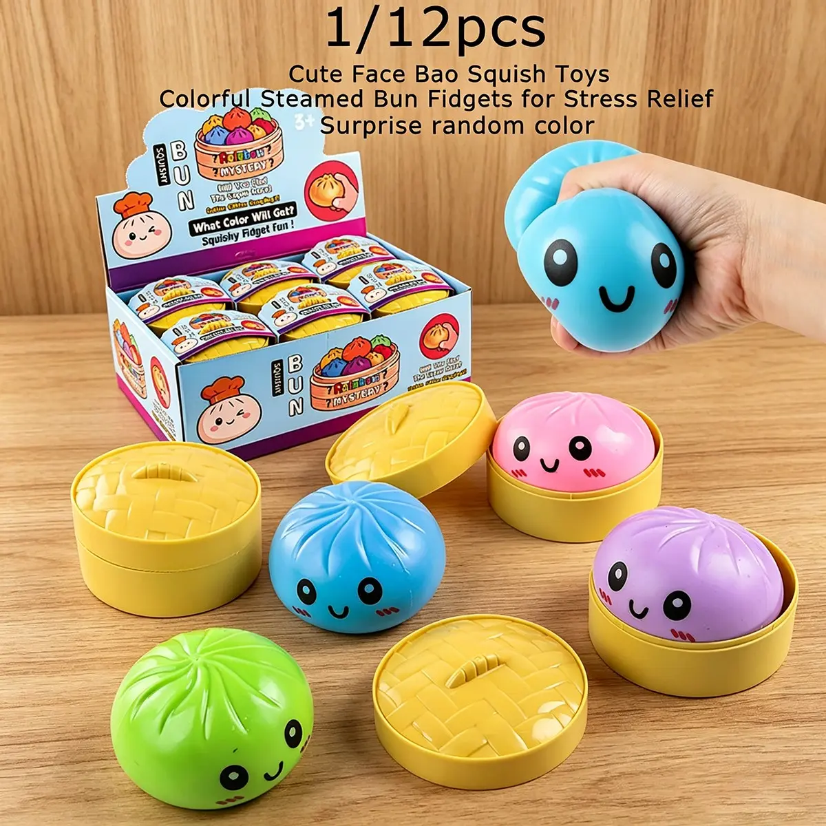 1/12pcs-Colorful Steamed Bun Stress Balls, Cute Face Squeeze Toys with Simulation Steamer, Soft Sensory Fidget Toys for Anxiety Relief, Perfect Classroom Rewards & Party Favors