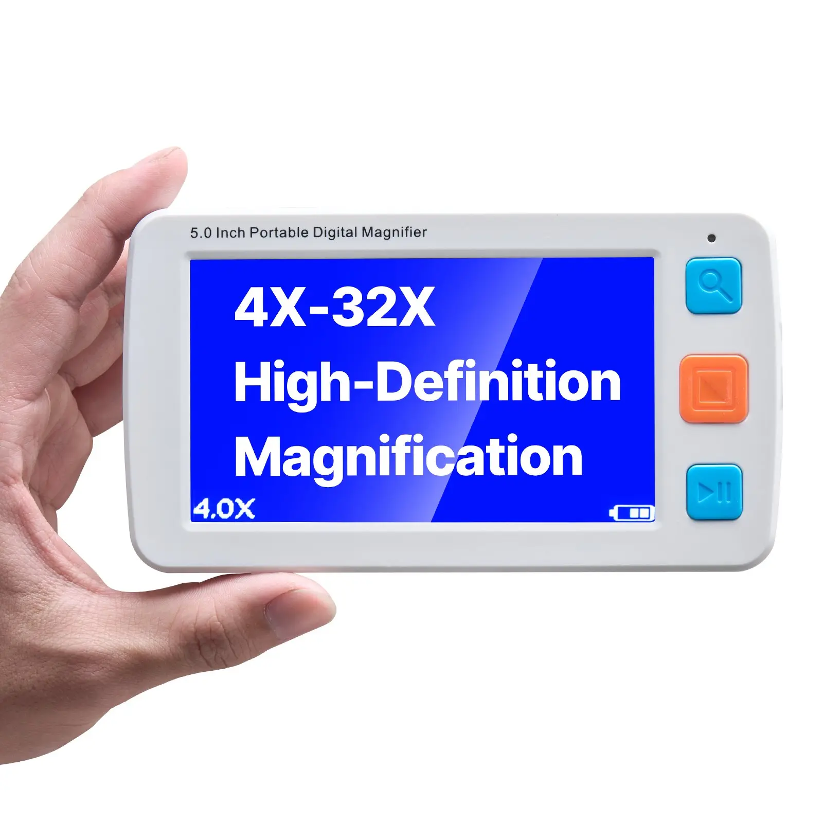 VEVOR Handheld Portable Digital Magnifier, 5-in HD Electronic Video Magnifier for Low Vision, 4X-32X Zoom Reading Aid, 17 Color Modes, AV Output, Foldable Handle, 5-Level Brightness, Lightweight, Rechargeable, TF Card Compatible, Button, Lcd Display