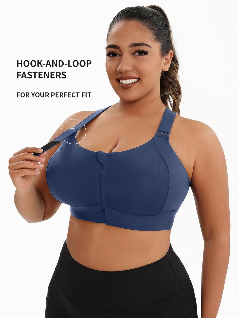 【Plus Size】 Criss Cross Zipper Front Wireless Sports Bra, Solid Adjustable Strap High Stretch Yoga Bra, Women's Sport Clothing for Indoor Outdoor Wear