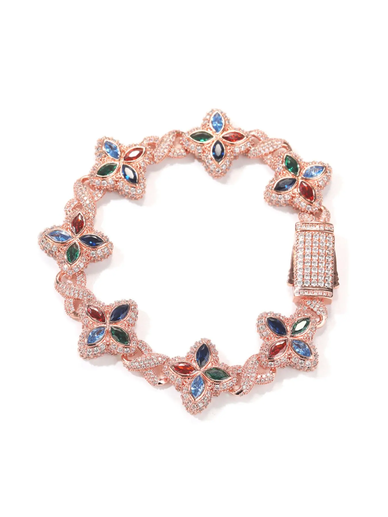 Hip Hop Colorful Diamond Clover Cuban Bracelet, Full Zircon Clasp Design, Luxury Rose Gold Chain, Streetwear Party Accessory, Gift Jewelry
