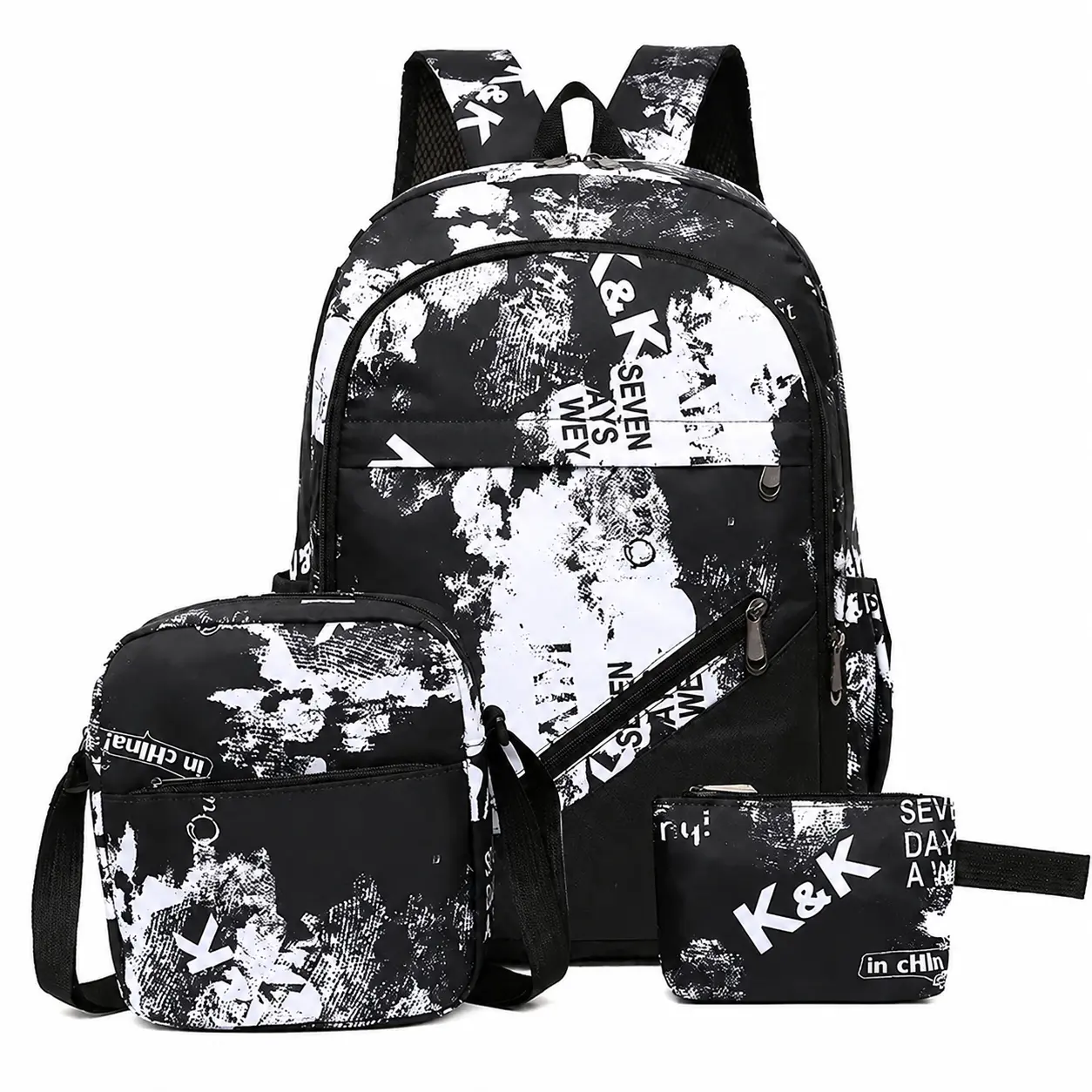 Unisex 3-Piece Graffiti-Print Backpack Set Featuring Durable Water-Resistant Fabric, Ergonomic Padded Shoulder Straps, Spacious Main Compartment with Laptop Sleeve, Ideal for Students, Gym Goers, and Everyday Casual Use