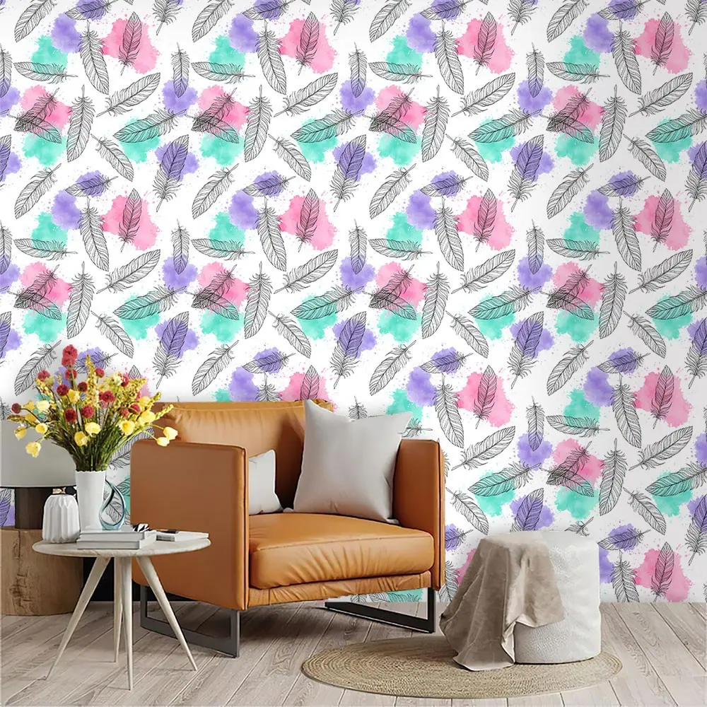 Watercolor Splatter Wall Paper, Feather Pattern, PVC Material, Mould-Proof, Easy Peel & Stick, Living Room Decor