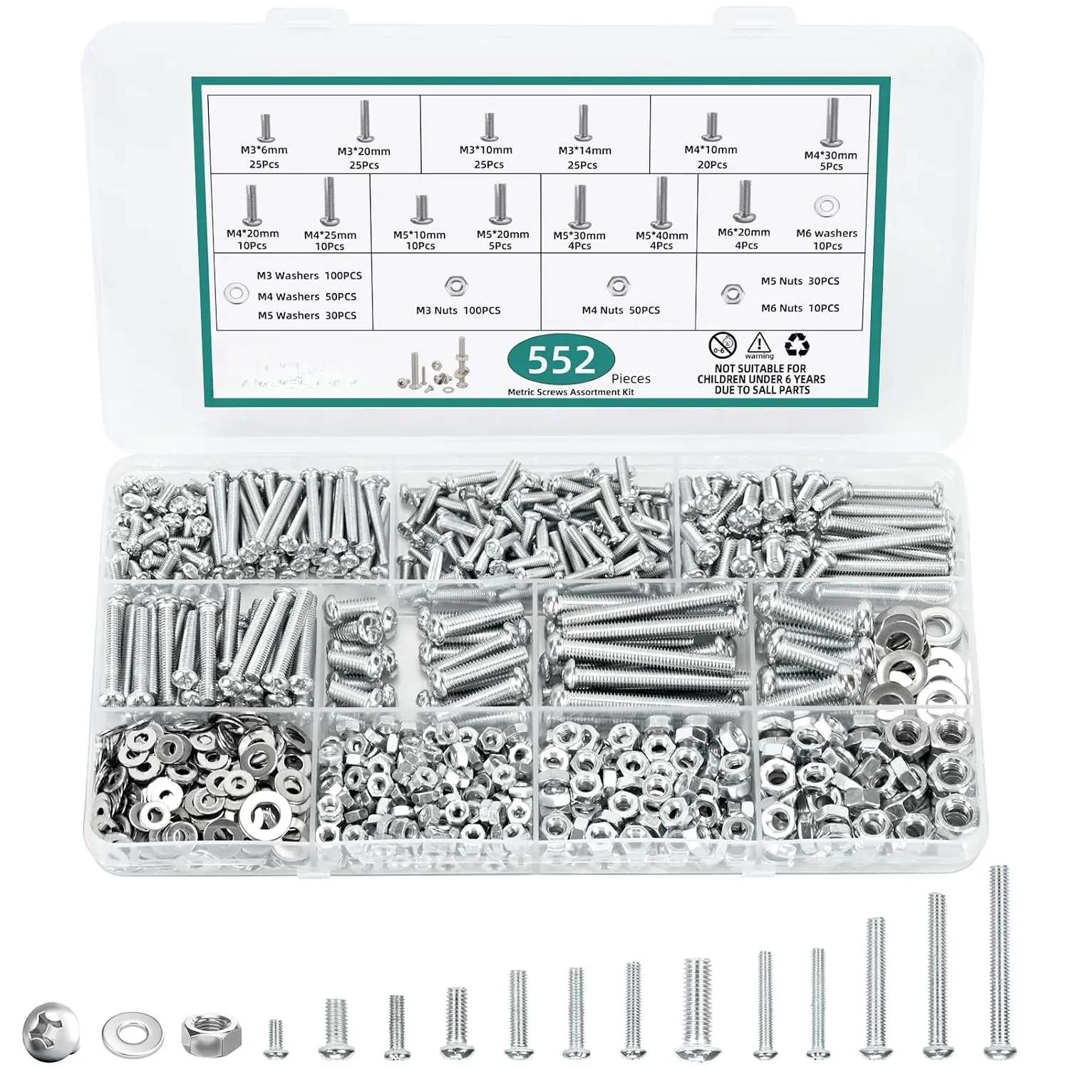 552 count Metric Screws Nuts and   Kit, M3 M4 M5 M6 Set Screws | 13 Sizes Machine Screws with Flat Washers for Machinery, Furniture, Automotive & DIY Repairs