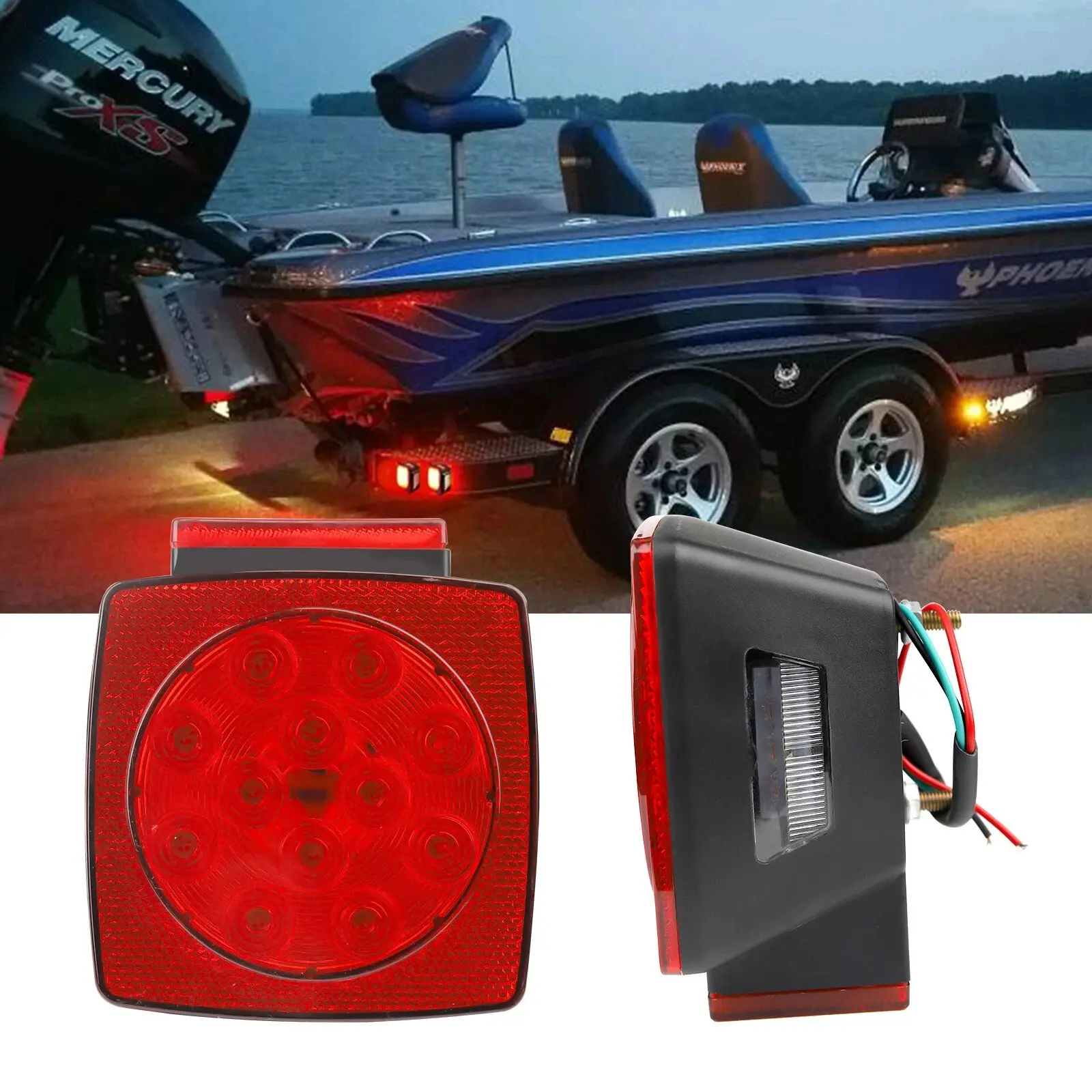 Motorbymotor 12V Submersible Square LED Trailer Light - Red White Stop/Brake Turn Tail License Running Lamp, IP68 DOT Compliant for Under 80" Boat Trailer, Camper RV