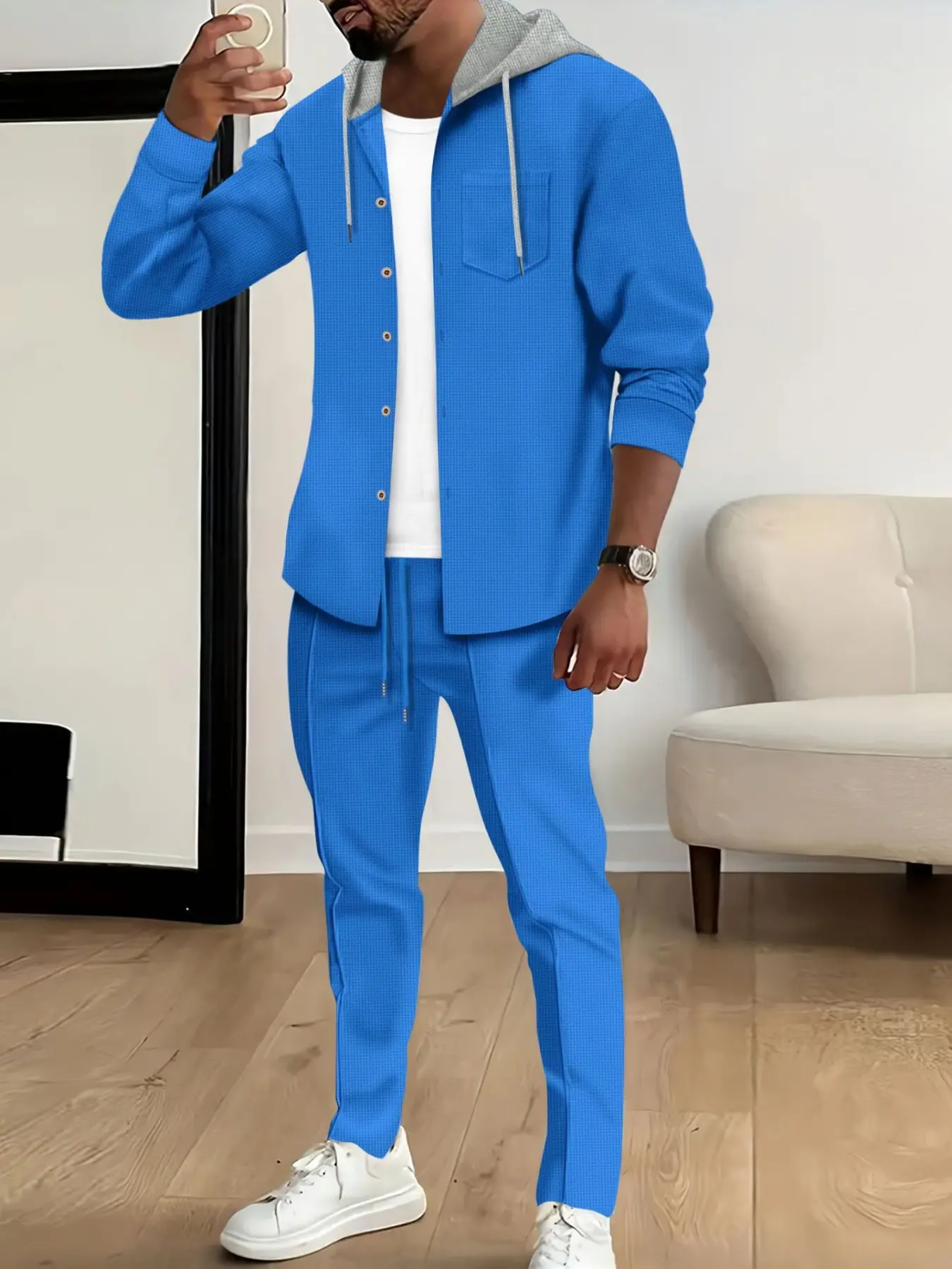 Men's Textured Waffle Two-Piece Sports Set, Colorblock Drawstring Hooded Long Sleeve Top + Elastic Waist Straight Leg Pants, Streetwear