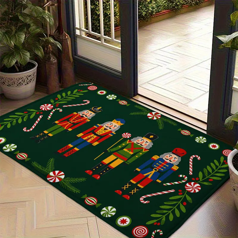 Merry Christmas Nutcracker Soldier Flannel Doormat Ultra Soft Plush Non-Slip Floor Mat Green Peppermint Candy Cane Festive Holiday Rug Front Door Entrance Indoor Outdoor Washable Welcome Mat Winter Home Decor For Living Room Bedroom Kitchen Bathroom Mat
