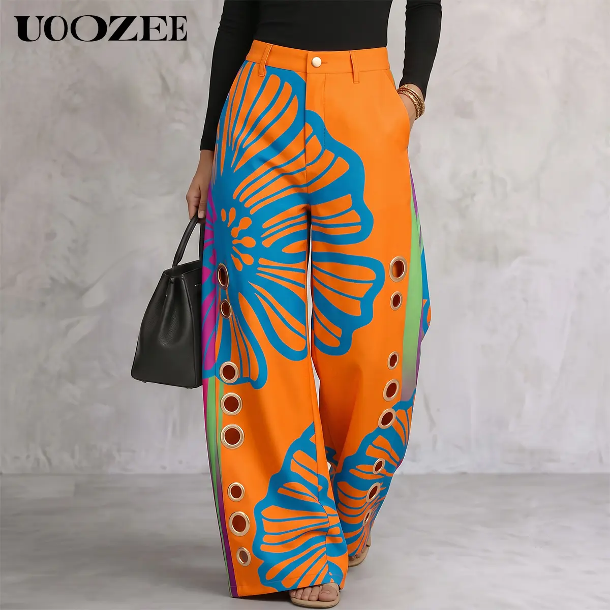 UOOZEE Women's Smooth 100% Polyester High-Waist Wide-Leg Pants - Colorful Printed, Hollow Eyelet Button, Contrast Color, Loose Fit with Pockets for Casual Vacation Streetwear (Pairs with Tank Tops, Sleeved Tops, Accessories), Baggy, Vintage, Long Sleeve,,