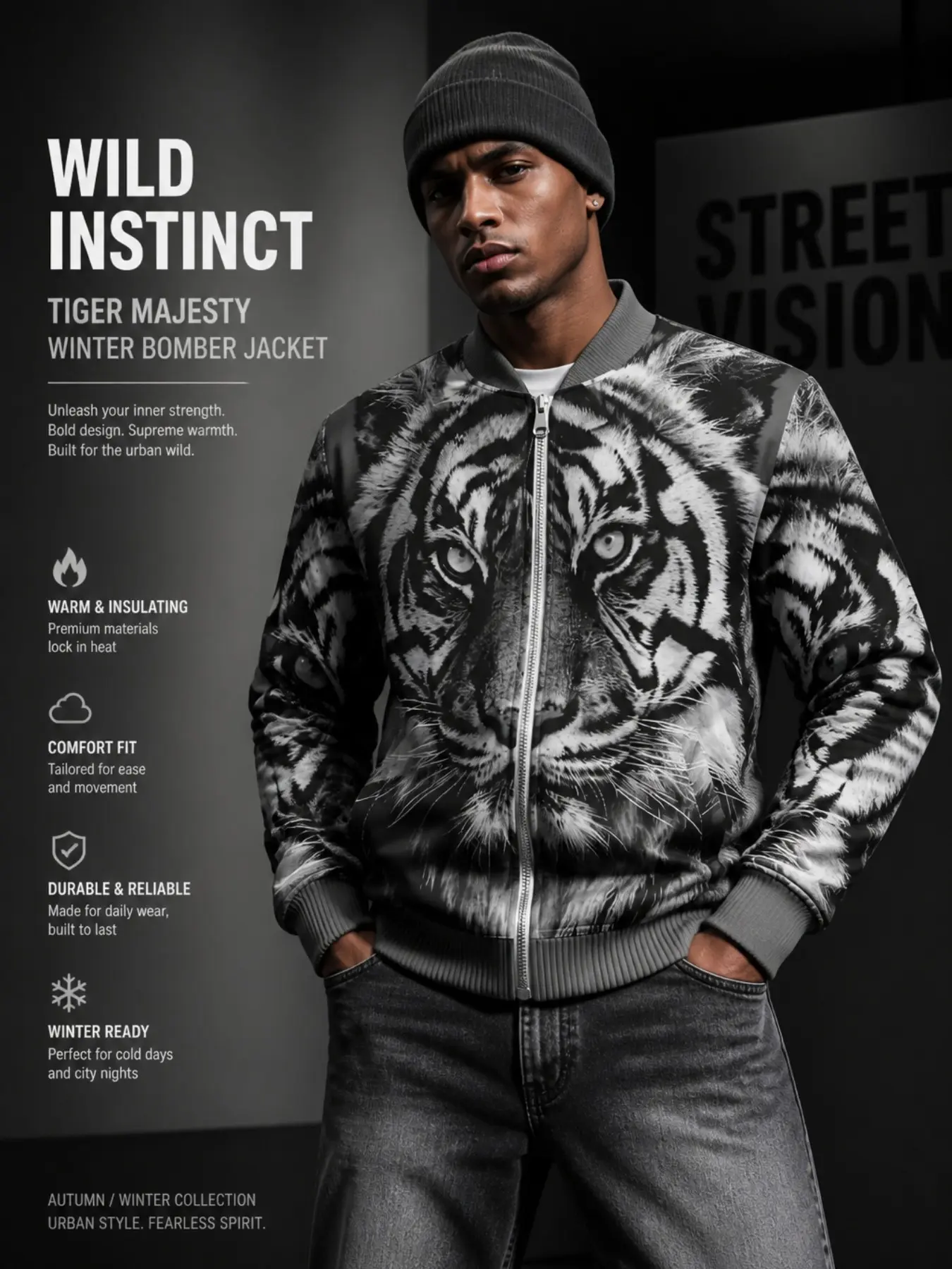Men's Realistic Tiger Face Full Zip Bomber Jacket, Vintage Bengal Tiger Animal Print Baseball Collar Windproof Jacket, High Street Fall Winter Coat