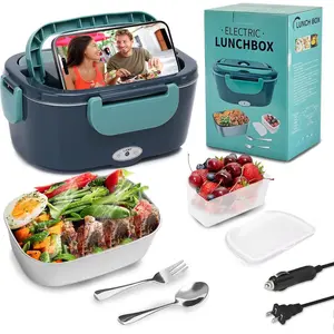 Electric Lunch Box 80W Heated Lunch Box for Adults 12/24/110V Portable Food Warmer LunchBox with 304 Stainless Steel Container for Office/Car/Truck(1.5L)
