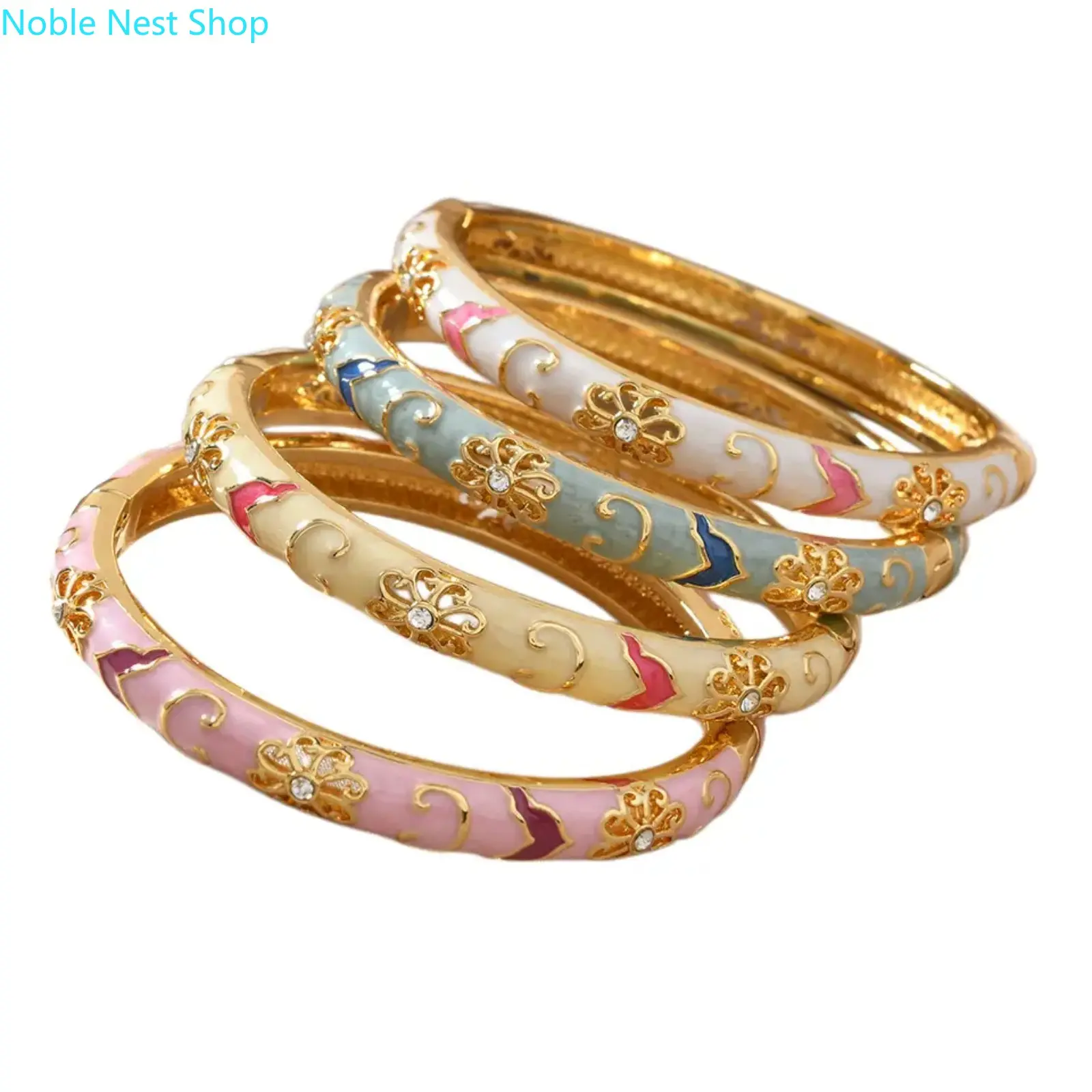 Vintage Floral Enamel Bangle for Women, Gold-Tone Cubic Zirconia Sparkling Delicate Bracelet Elegant Fashion Jewelry Daily Party Holiday Gift