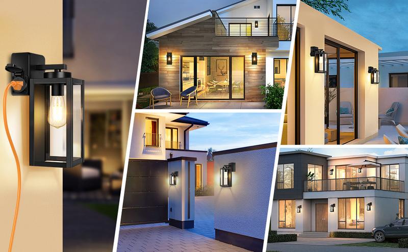 2-Pack Porch Lights Outdoor with UL Certified Outlet, Modern Outdoor Wall Lights Exterior Lighting Fixtures Waterproof, Exterior Wall Sconces Outside Lights for House Front Door Garage