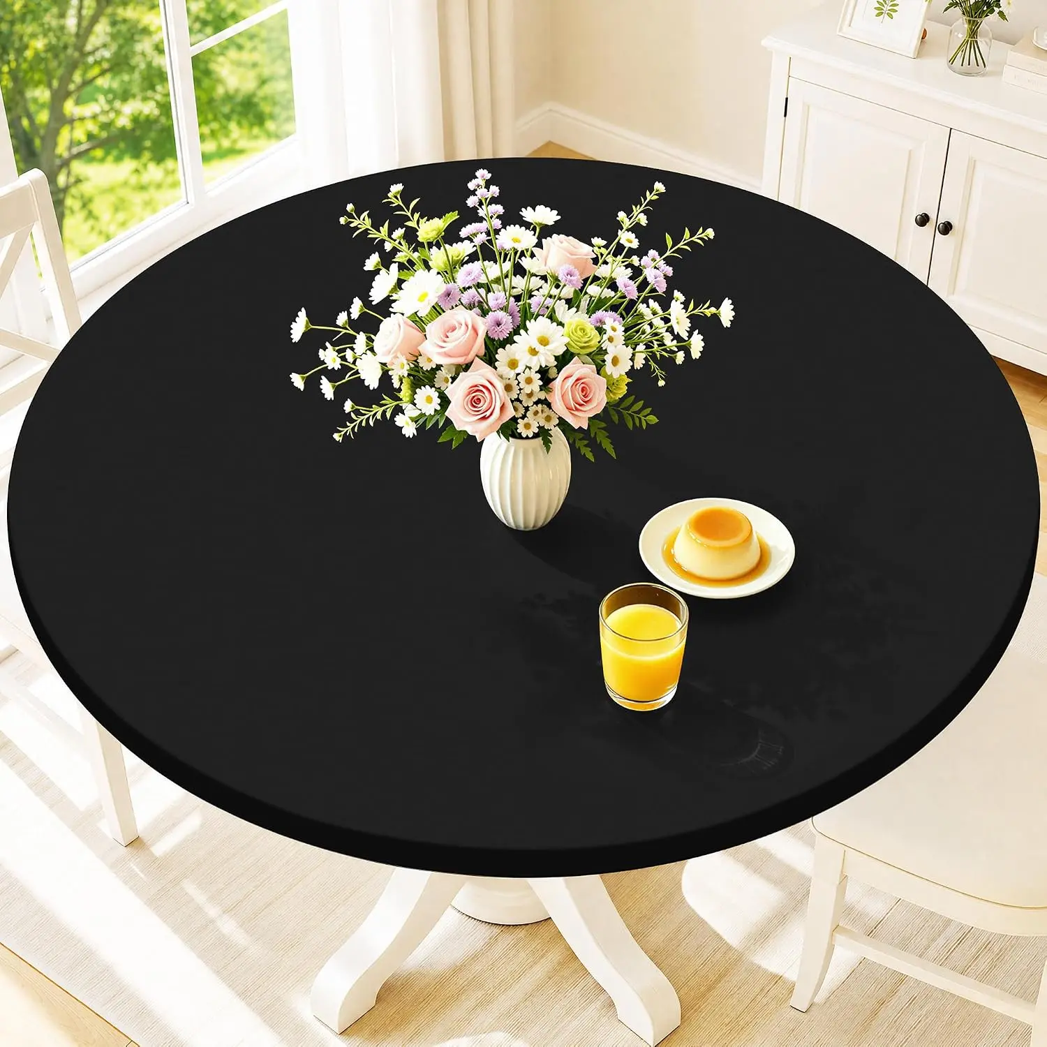 Round Spandex Tablecloth with Elastic Fit for 45"-56" Tables |  Stretch Tablecloths, Windproof Washable Picnic Table Cover for Dining, Camping, Outdoor (Black)