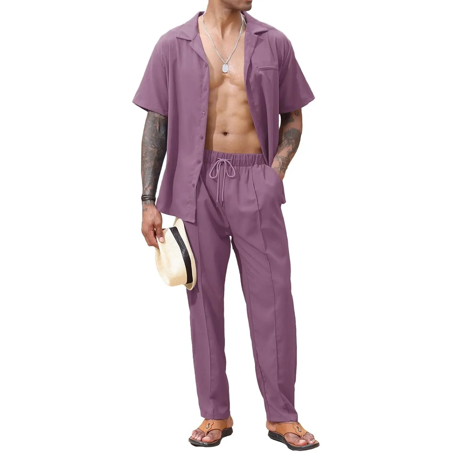 Lexiart 2 Piece Set for Men Beach Outfits Cuban Collar Button Down Shirt Darwstring Pants