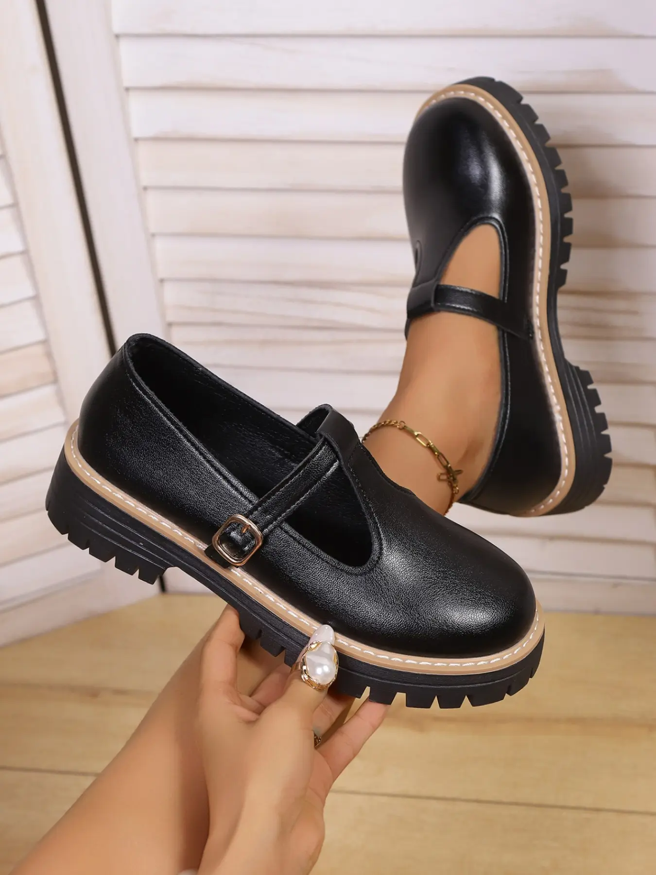 Women's Thick Sole Mary Jane Shoes, Vintage Round Toe Buckle Sandals, Anti-Slip Rough Sole Casual Footwear for All Seasons