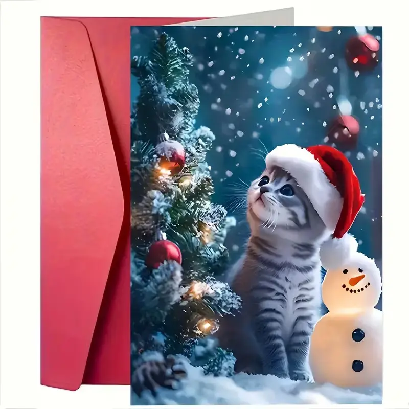 Cute Cat Christmas Card, Tabby Cat in Santa Hat, Snowy Scene with Snowman and Christmas Tree, Warm Cozy Holiday Design, Perfect Gift for Family and Friends