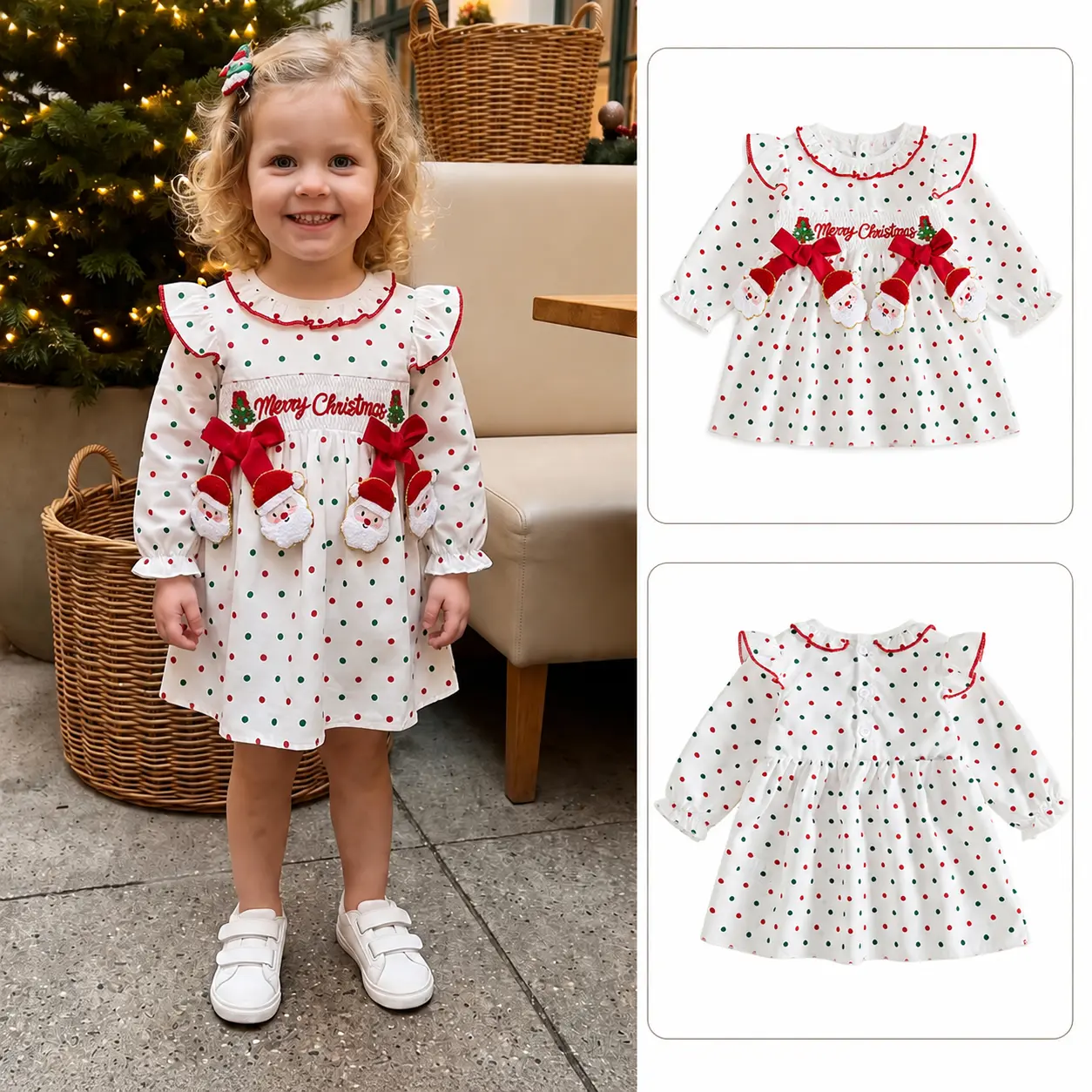Toddler Baby Girl Christmas Tree Embroidery Bows Santa Dress Long Sleeve Dot Print Dress Winter/Spring Clothing